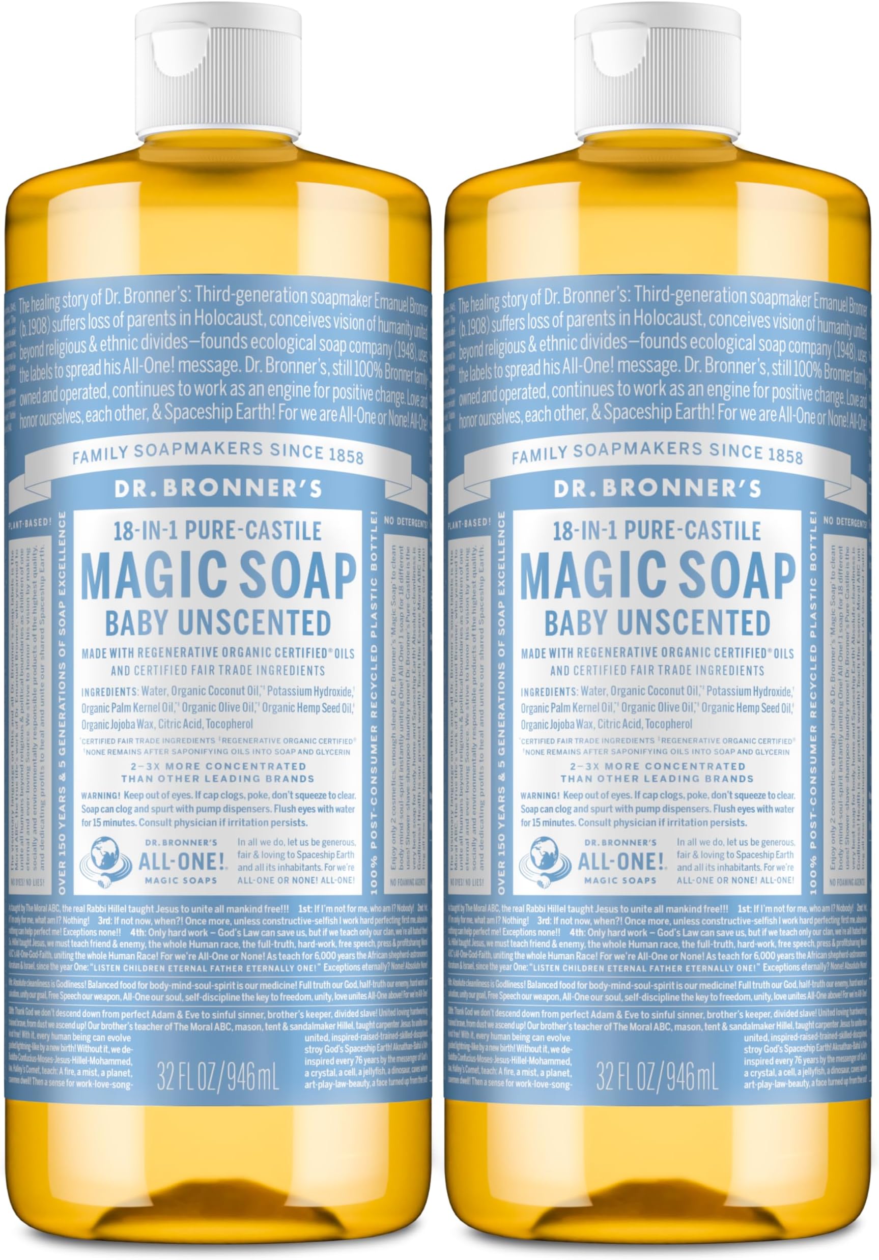 Magic Soap-Pure-Castile Liquid Soap (Baby Unscented, 32 ounce, 2-Pack)-Regenerative Organic Certified Oils, 18-in-1 Uses: Body, Laundry & Dishes, For Sensitive Skin, No Fragrance