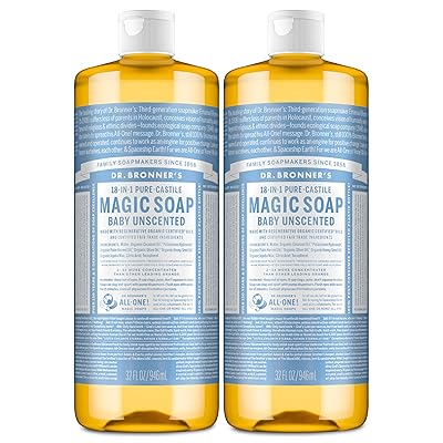 Dr. Bronners Magic Soap-Pure-Castile Liquid Soap Baby Unscented, 32 ounce, 2-Pack-Regenerative Organic Certified Oils, 18-in-1 Uses: Body, Laundry & Dishes, For Sensitive Skin, No Fragrance