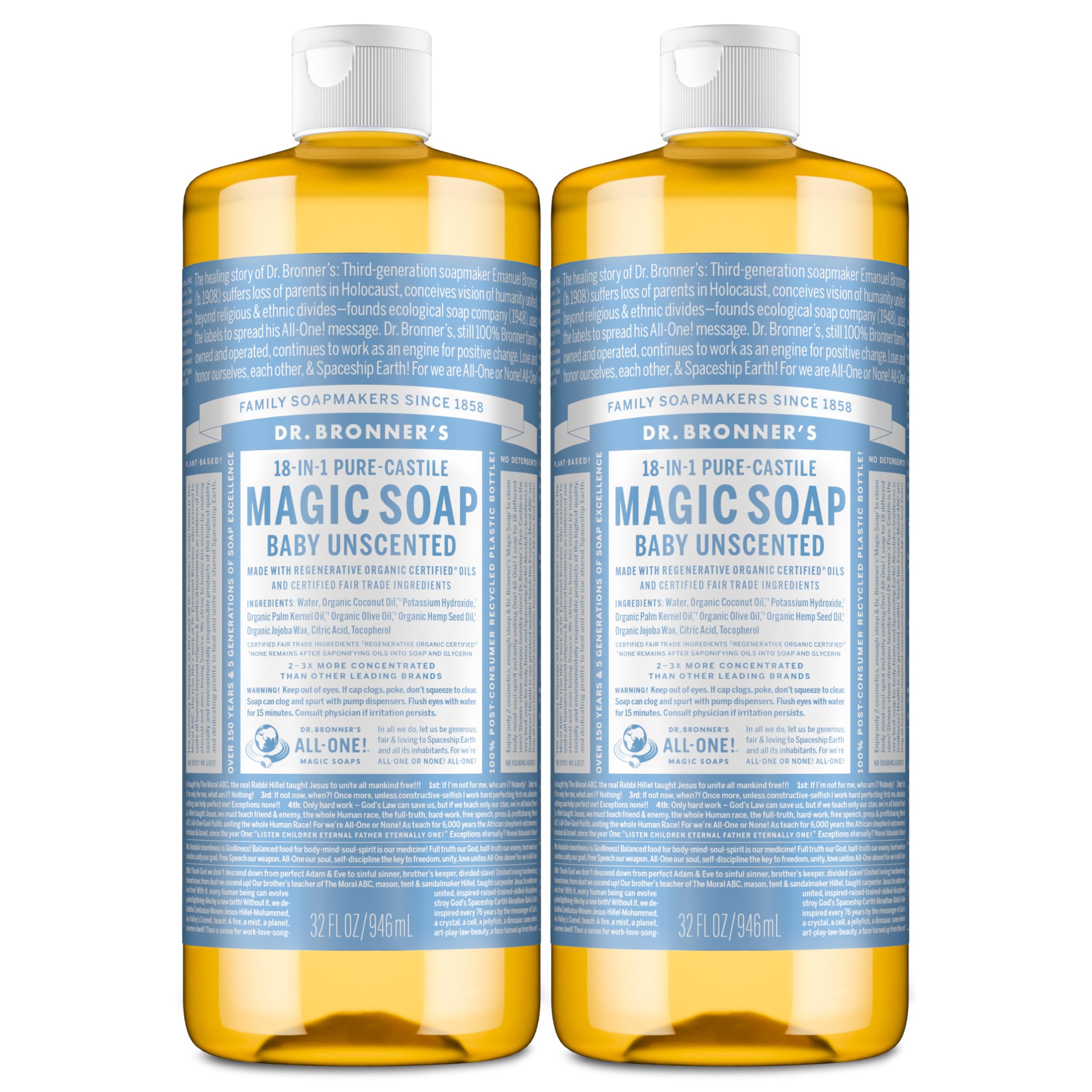 Dr. Bronner's Magic Soap-Pure-Castile Liquid Soap (Baby Unscented, 32 ounce, 2-Pack)-Regenerative Organic Certified Oils, 18-in-1 Uses: Body, Laundry & Dishes, For Sensitive Skin, No Fragrance