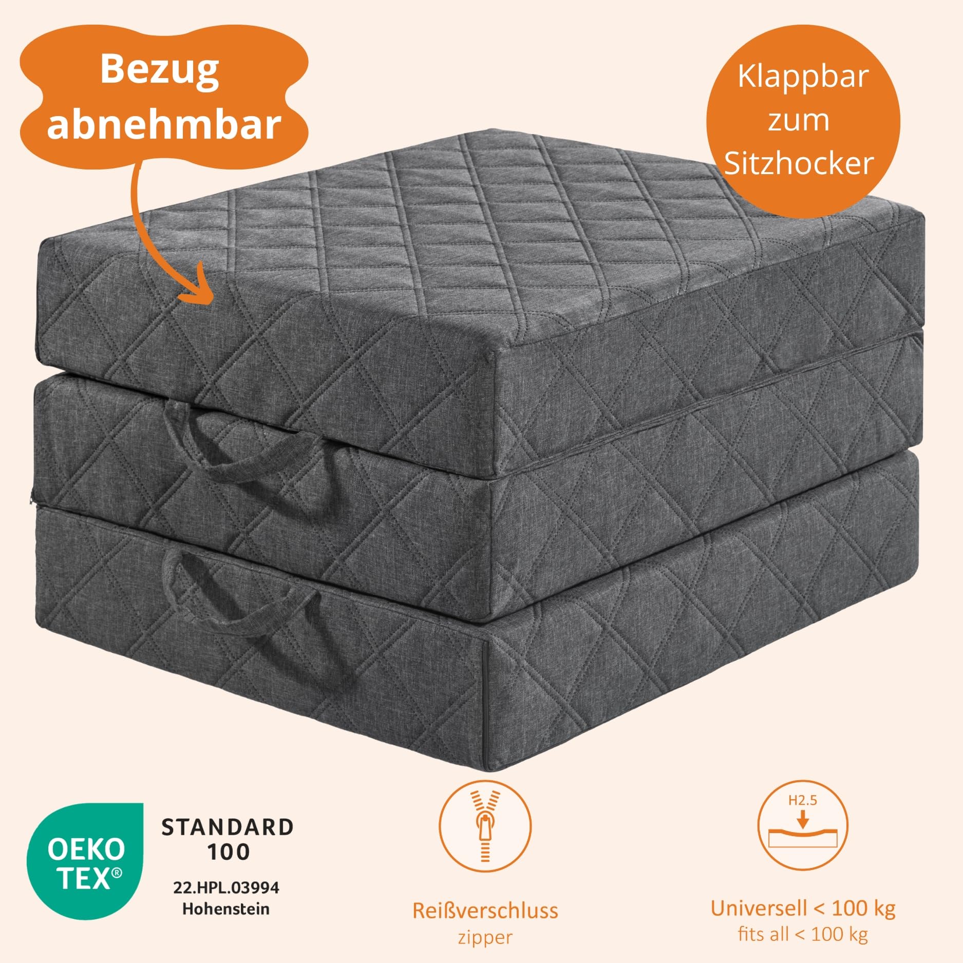 sleepling Klappmatratze Visco, 3-teilige Faltmatratze, Gästematratze klappbar, Faltbare Matratze, Sitzhocker mit Husse, Foldable Mattress, Made in EU, Oeko-TEX, H2.5, 195x75x14 cm, Single, grau