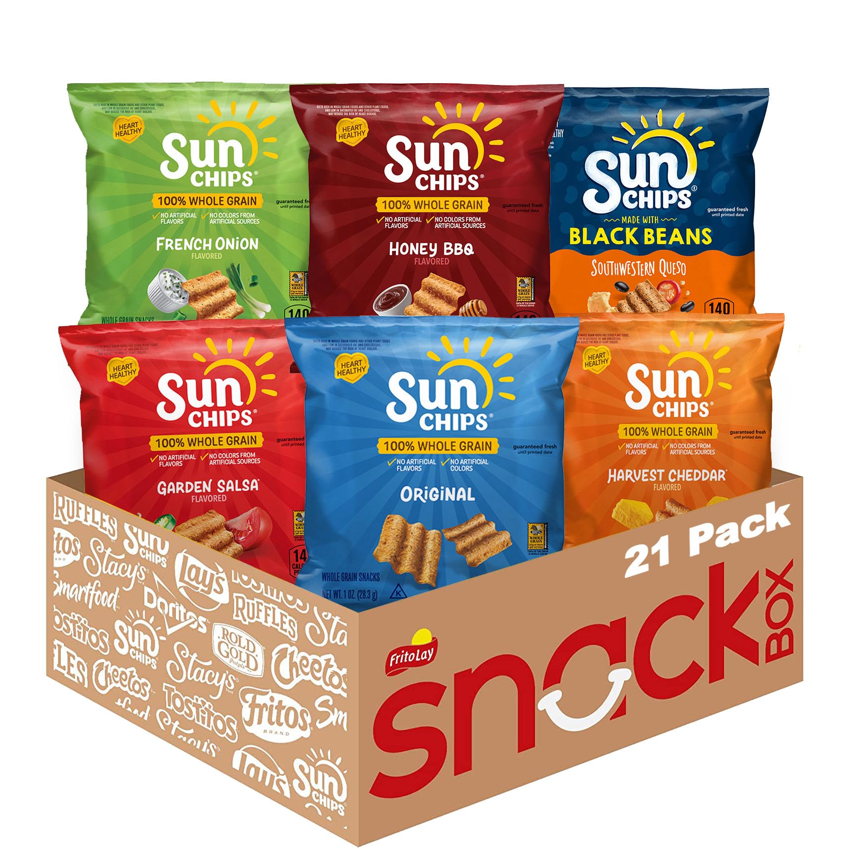 SunChips 100% Whole Grain Chips, Variety Pack, 1 oz Bags, Pack of 21, No Artificial Flavors, No Colors from Artificial Sources