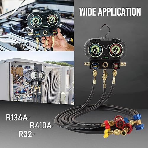 Miniatura 7 de Lichamp AC R134A - Juego de manómetros de colector automotriz compatible con refrigerantes R32 R134A y R410, funciona en carga y evacuación de freón