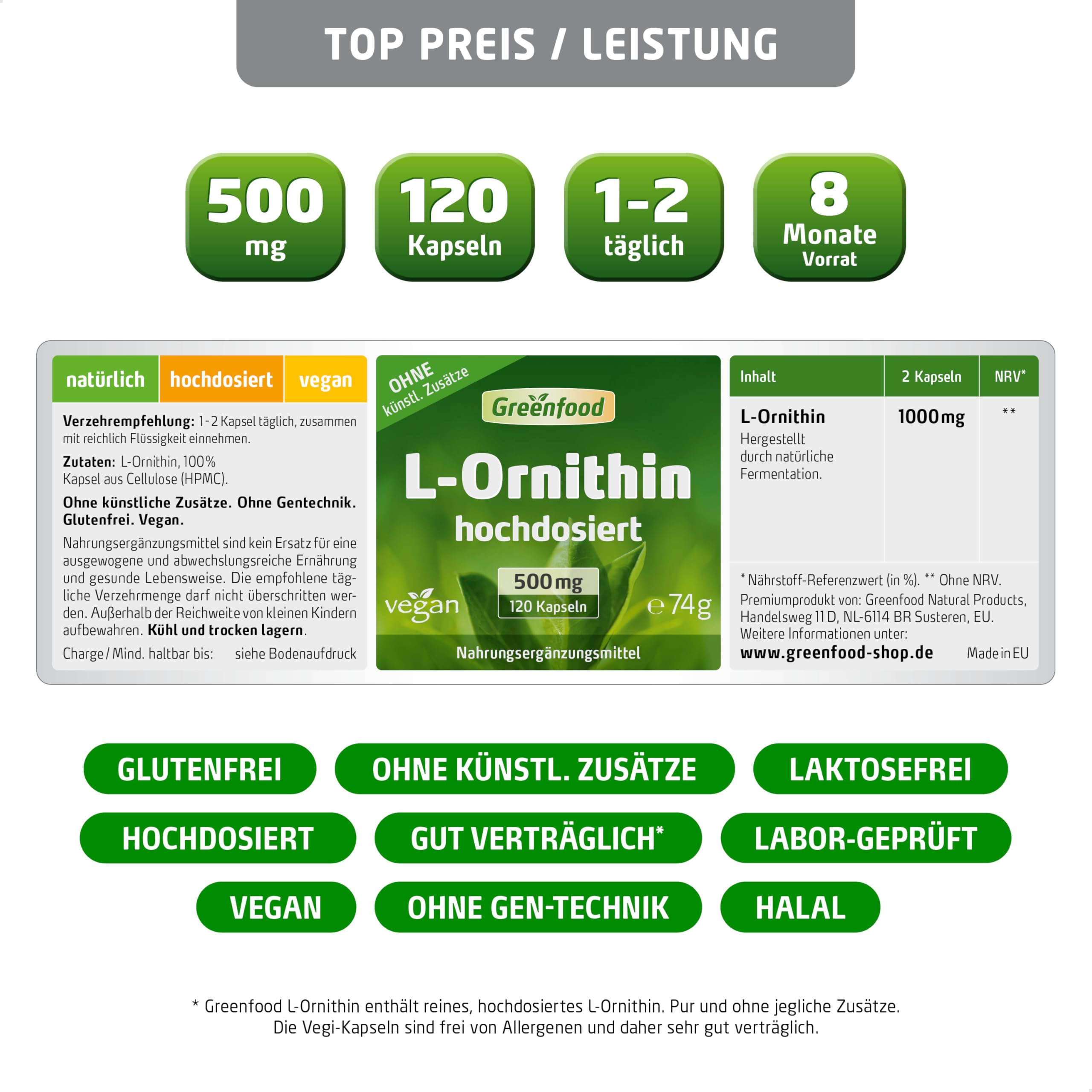 L-Ornithin, hochdosiert, 500mg - 120 Kapseln, vegan. Reines L-Ornithin – gewonnen aus natürlicher Fermentation. OHNE künstliche Zusätze - laborgeprüft. Von Greenfood.