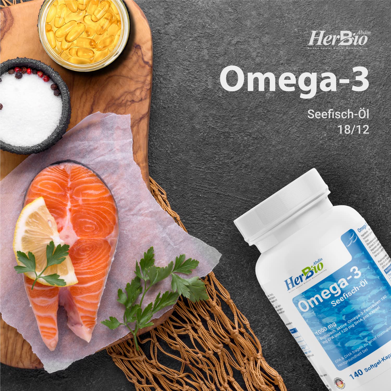 HerbBio Omega 3 1000 mg, 3 x 140 Softgel-Kapseln, hochdosiert