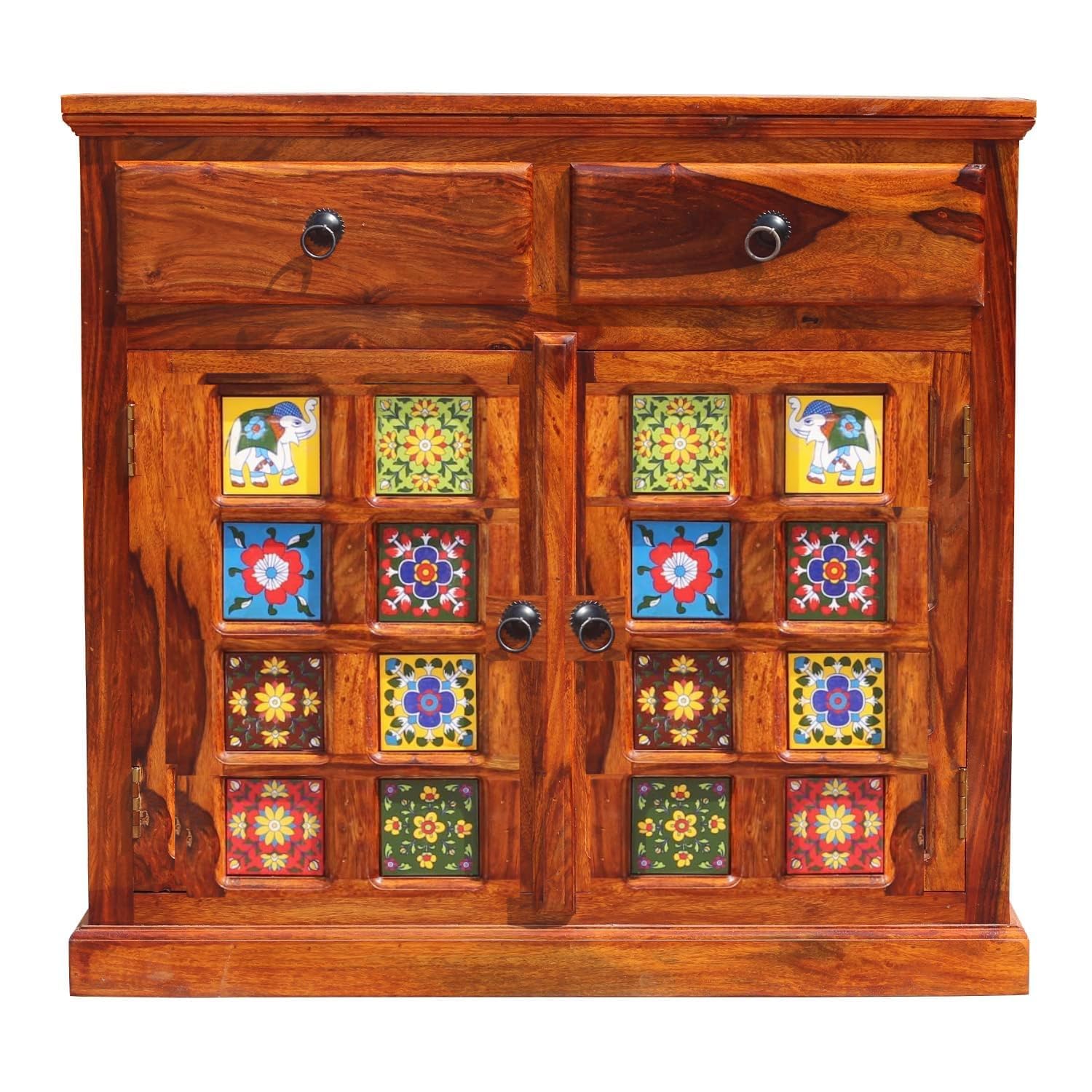 DEV ART PLACE Handcrafted Wooden Cabinet with Ceramic Tile Inlay, 90 x 45 x 75 cm, Floral Design-image-15
