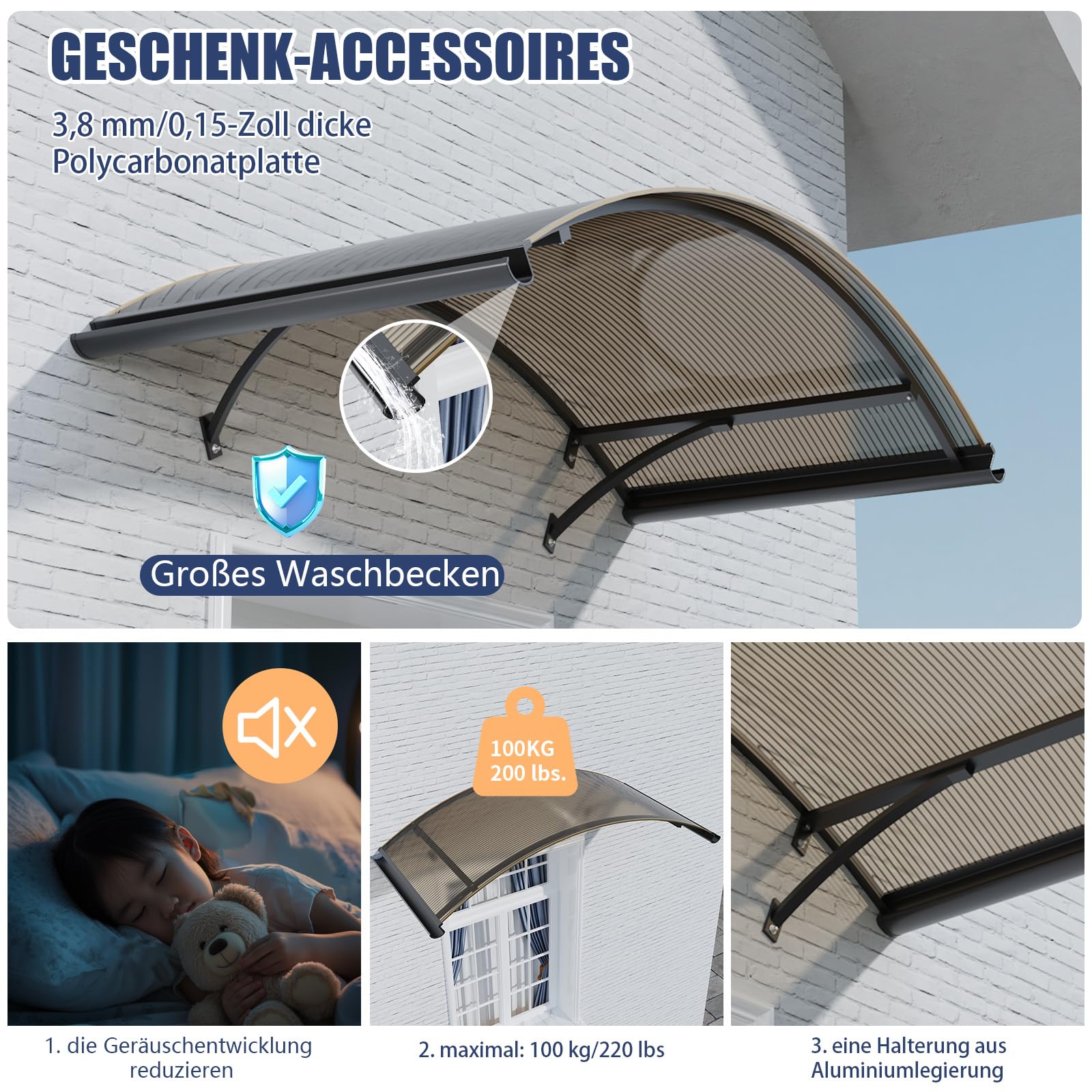 Vordach für Haustür 160x120 cm – Fenstervordach Überdachung aus Polycarbonat, Transparentes Bogenvordach mit UV-Schutz, Regen- & Schneeschutz, Türdach für Veranda, Balkon, Fenster