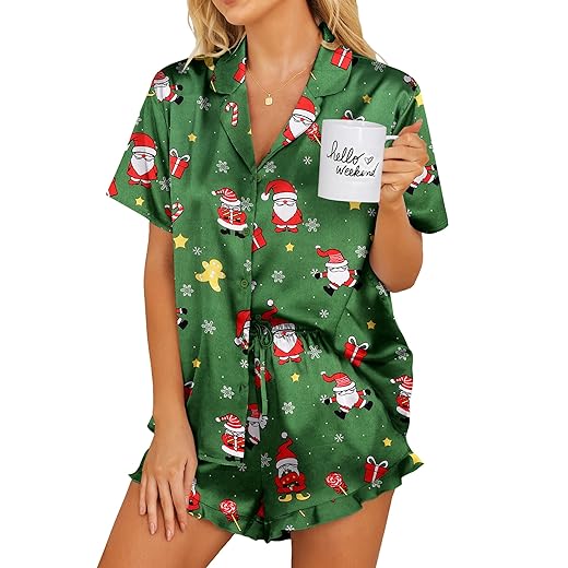 Ekouaer Womens Satin Pajamas Set Button Down 2 Piece Silk Pjs Shorts Set Ruffle Lingerie Notch Collar Sleepwear S-XXL