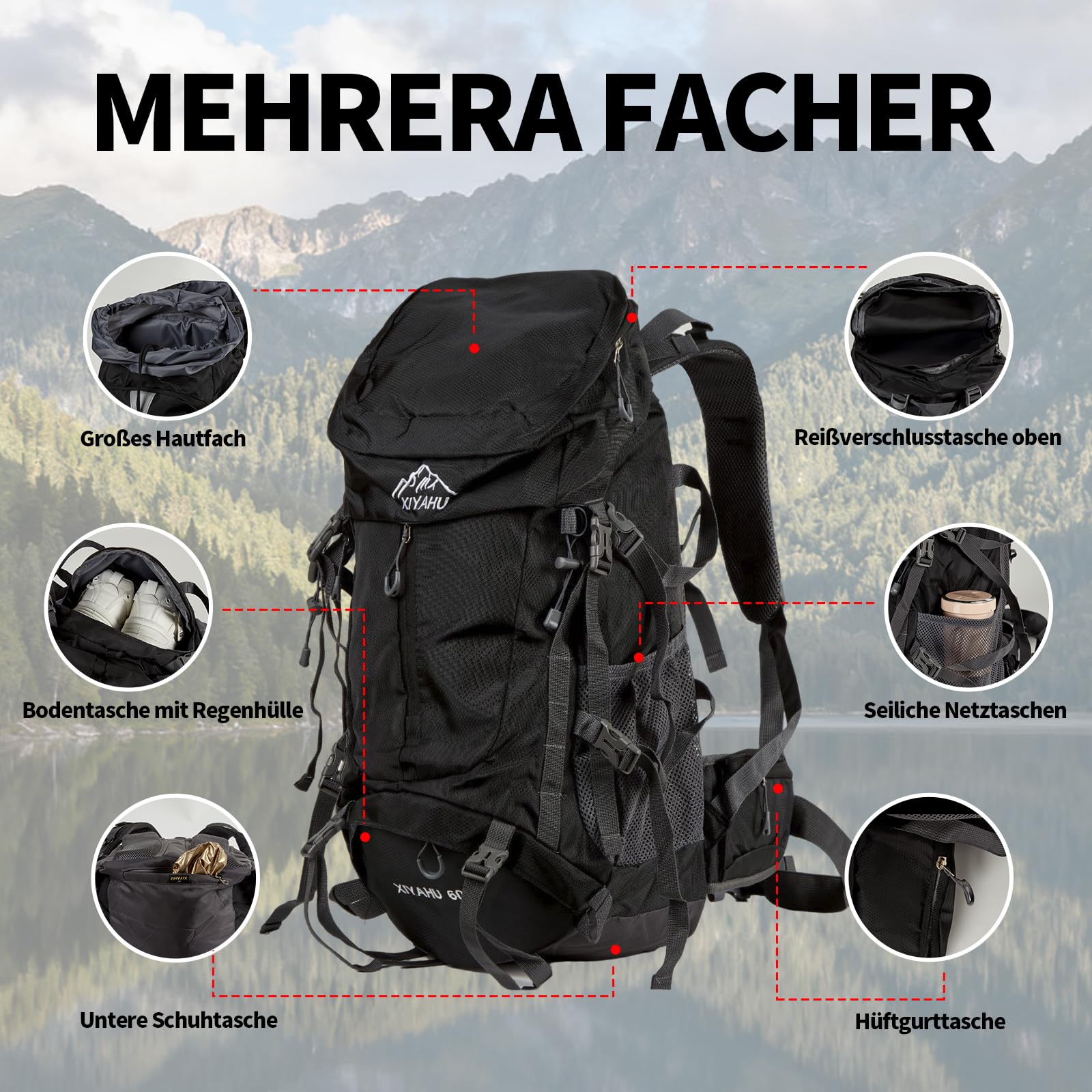 Wanderrucksack 60L Wasserdicht mit Regenhülle – Trekkingrucksack mit Tragesystem, Trinksystem-Kompatibilität, Schuhfach, Leicht & Ergonomisch für Camping, Wandern & Mehrtagestouren (Schwarz)