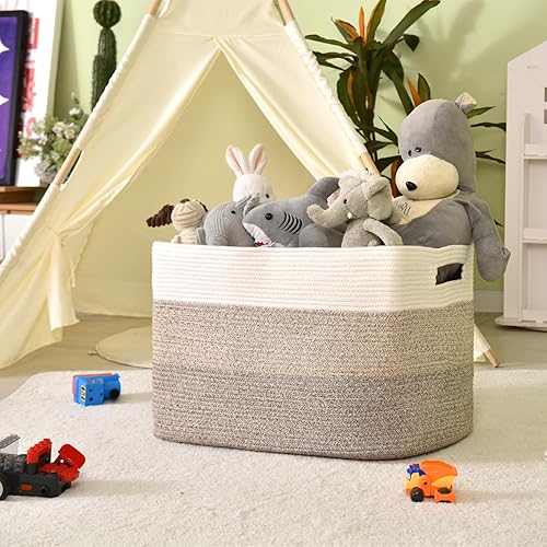 Miniatura 32 de Cesta grande para manta para sala de estar, canasta de almacenamiento rectangular, canasta grande para mantas, cestas de cuerda de algodón tejida