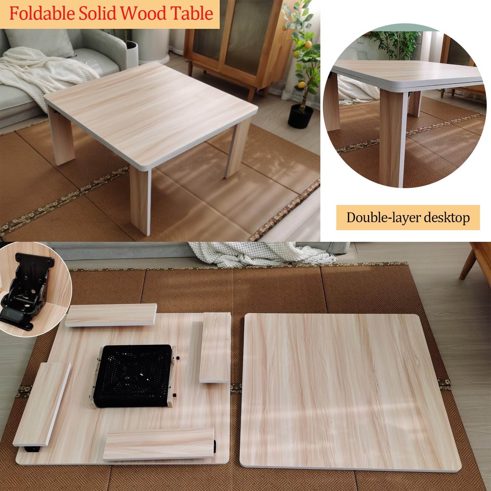 Juego de Mesa Kotatsu Plegable, Mesa de Suelo Japonesa con Calentador eléctrico y Manta, Calentador para pies, para Cuatro Estaciones, marrón, 80 x 80 x 40 cm
