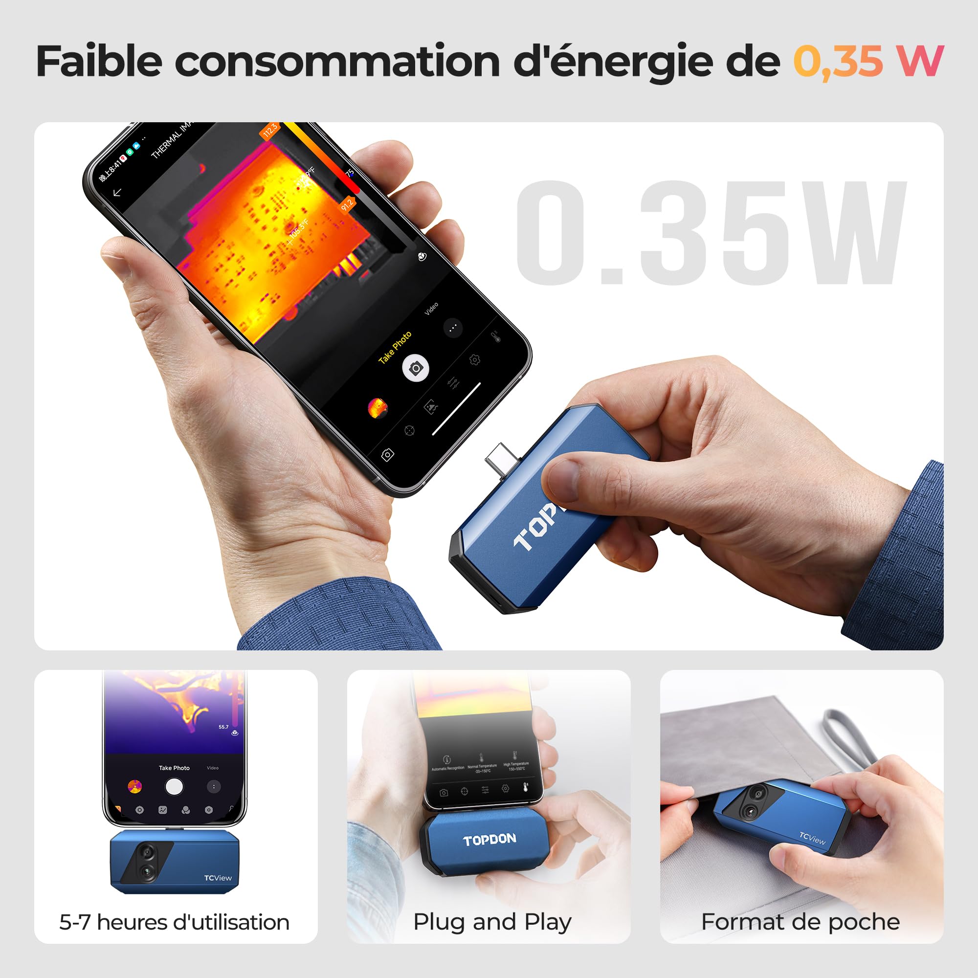 TOPDON TC001 Plus Caméra Thermique Android, 512x384 TISR Résolution Infrarouge Avec 100W Caméra Visuelle, -20°C à 550°C, 25Hz, Caméra Infrarouge à Double Objectif pour Smartphones, Tablettes et PC