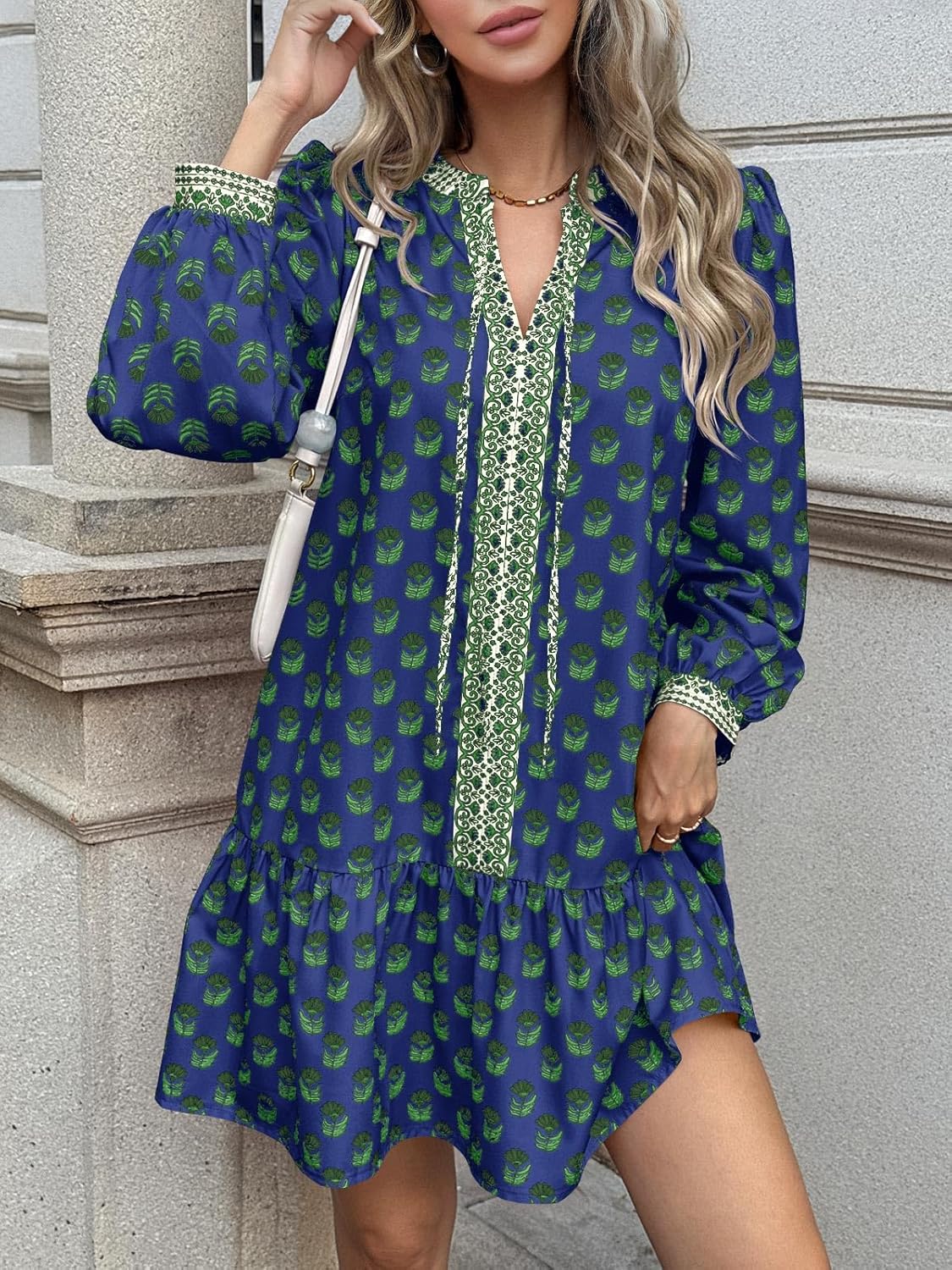 Wenrine Womens Long Sleeve Casual Mini Dress Floral V Neck Ruffle Loose Fall Boho Babydoll Dresses with Pockets - Image 2