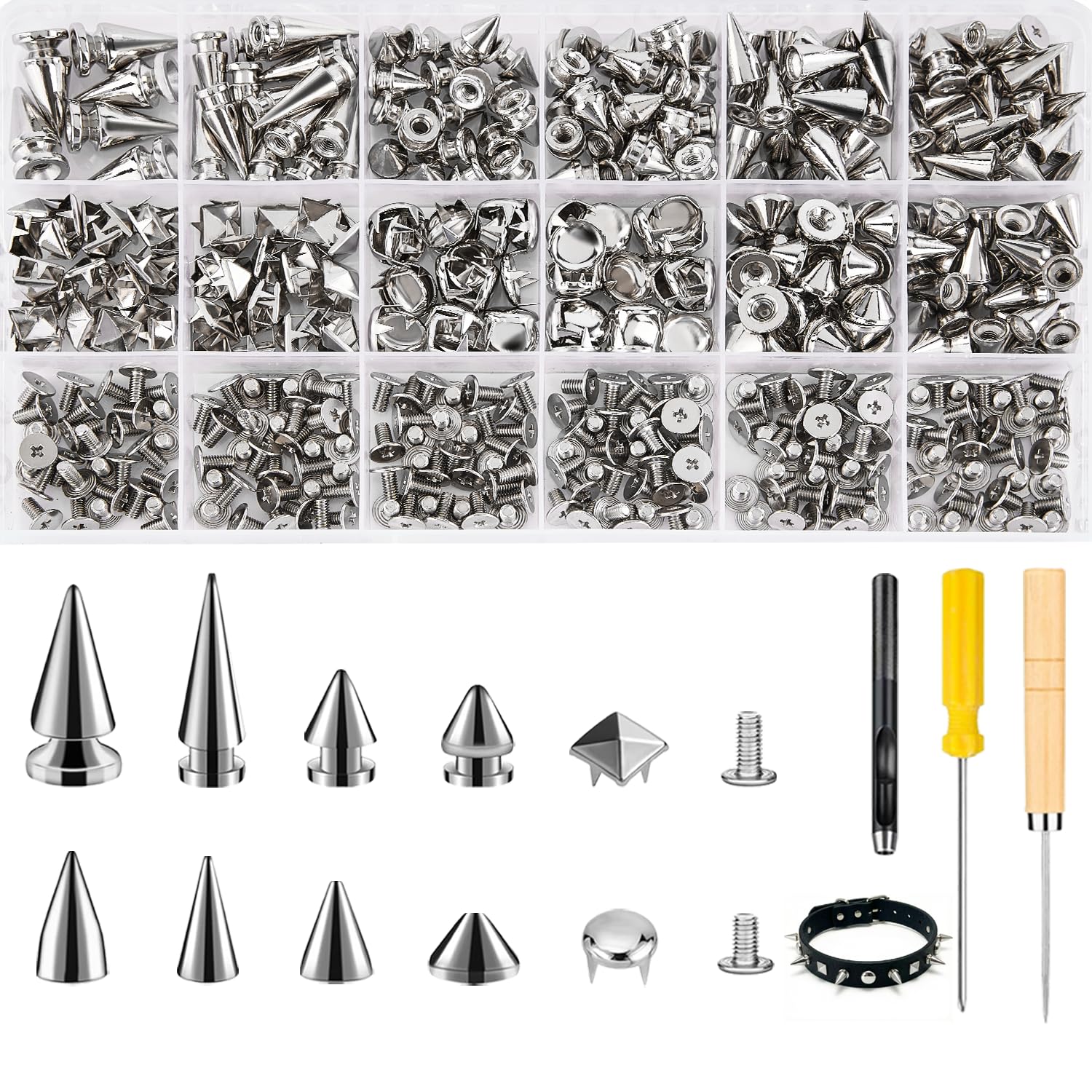 Craluuur 455PCS Punk Spikes and Studs Kit for Clothing, 12 Sizes Premium Metal Cone Spikes, Square Pyramid Studs & Round Dome Rivets for Leathercraft and Punk Style DIY Craft Decoration