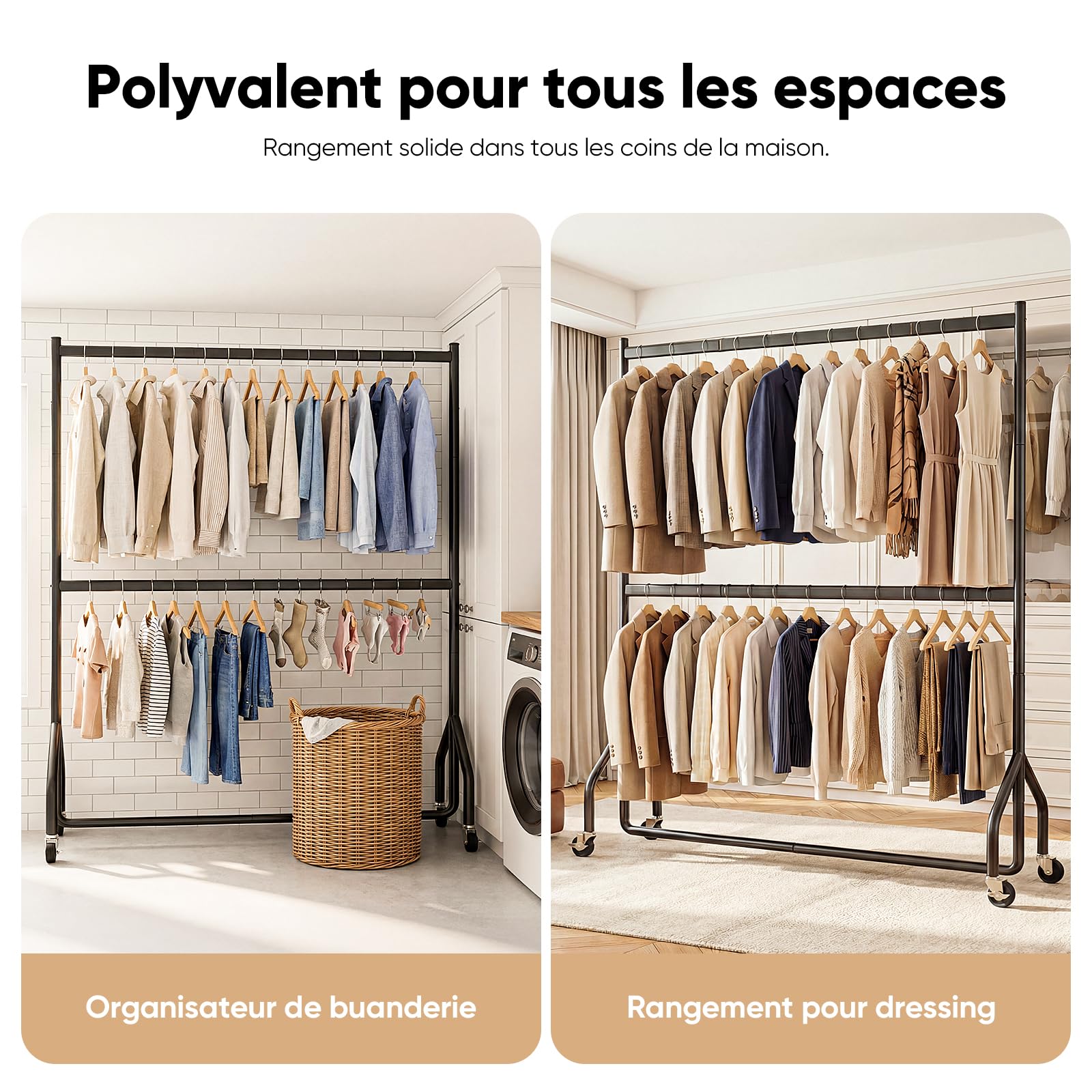 HOKEEPER Porte-vêtements double résistant aux charges lourdes avec grande capacité, organisateur de placard à roulettes pour boutiques, chambre, buanderie, 180 cm