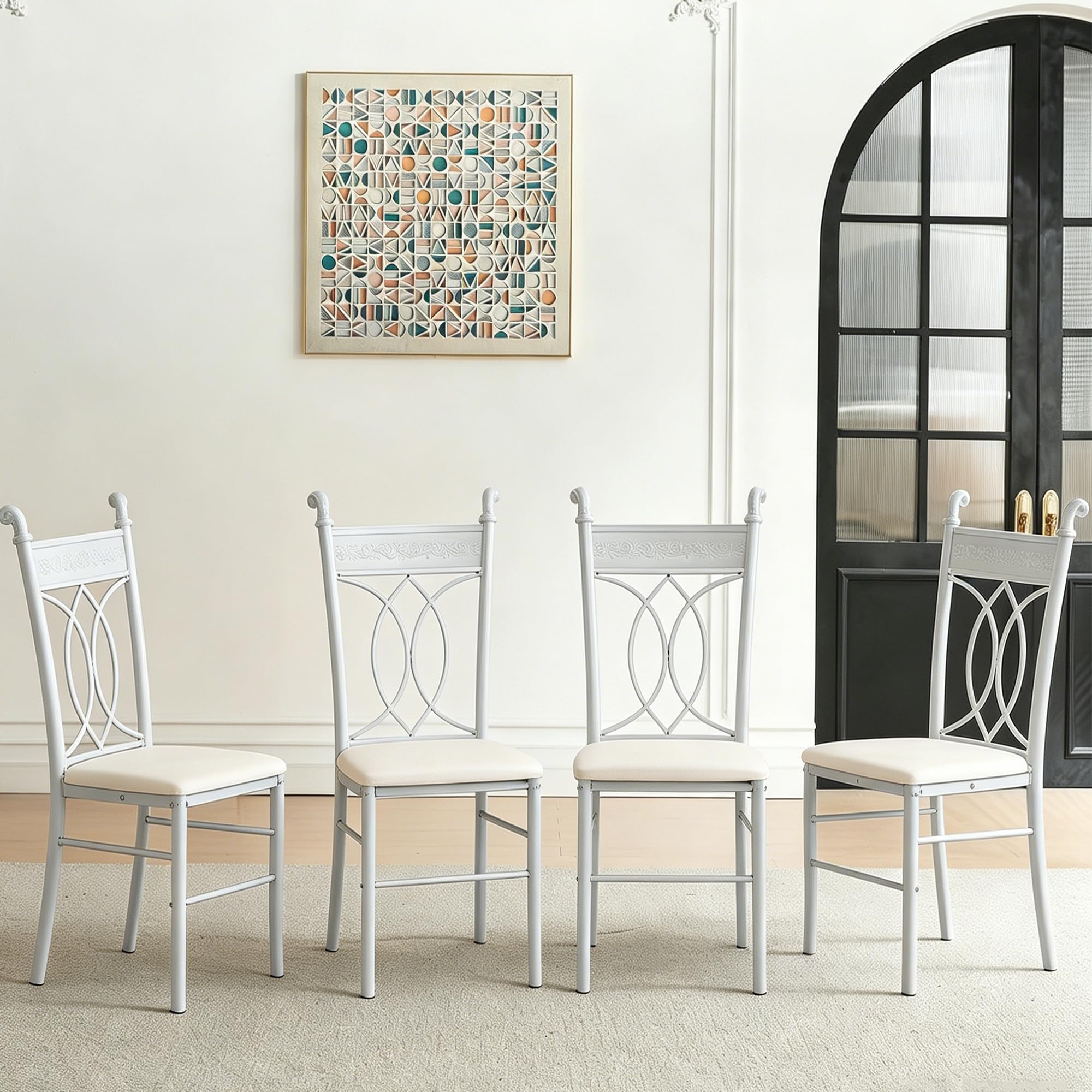 Chaises de Salle à Manger Lot de 4, Chaise de Cuisine avec Pieds en Métal, Assise Rembourrée en Cuir, Dossier Sculpté, Pieds Antidérapants, pour Salle à Manger, Salon, Jardin, Événements, Blanc