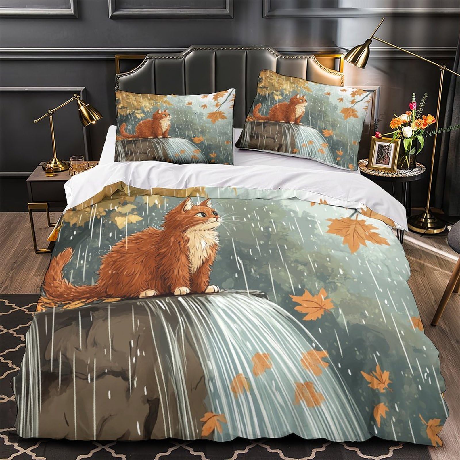 Housse de Couette Scène de Nature Automnale Parure de Lit Chat 3 Pièces Style Cosy