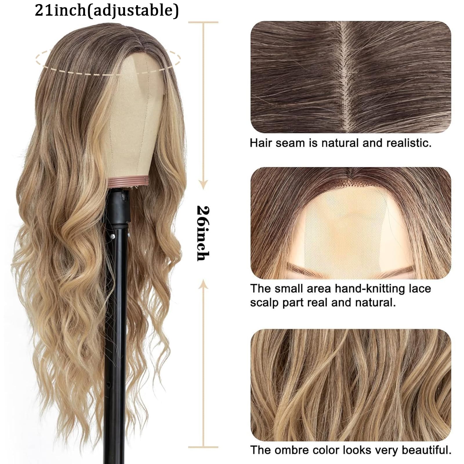 Peluca Sintética de Onda Natural Larga Ombre Marrón a Dorado para Mujer Carnaval Cosplay