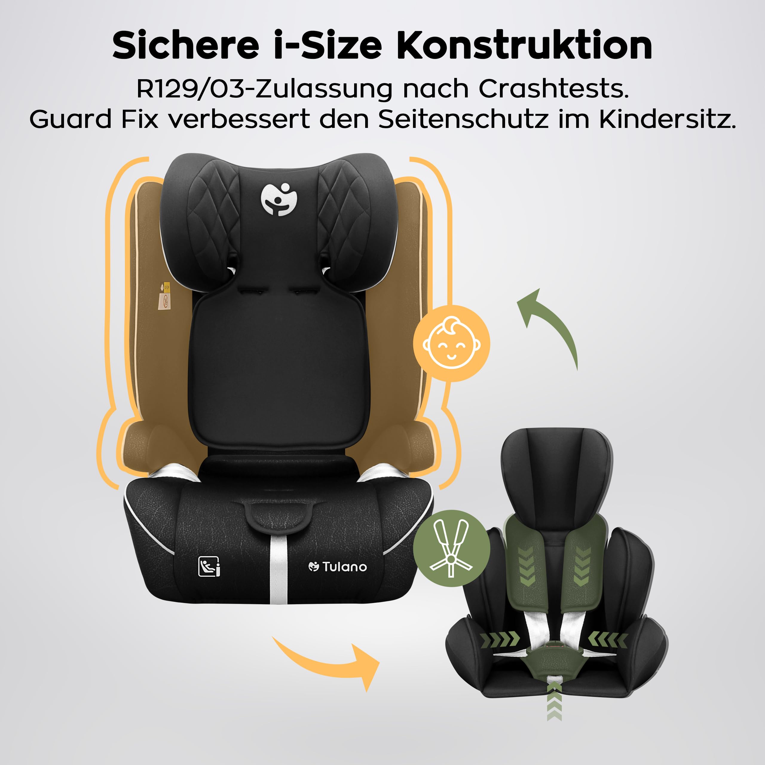 Tulano Zooma 25 Kindersitz 15-36 kg, Autositz für Kinder 76-150 cm, Grau | ohne ISOFIX - ergonomisch mit verstellbarem - Kopfteil und waschbarem Bezug - komfortable Polsterung für sicheres Reisen