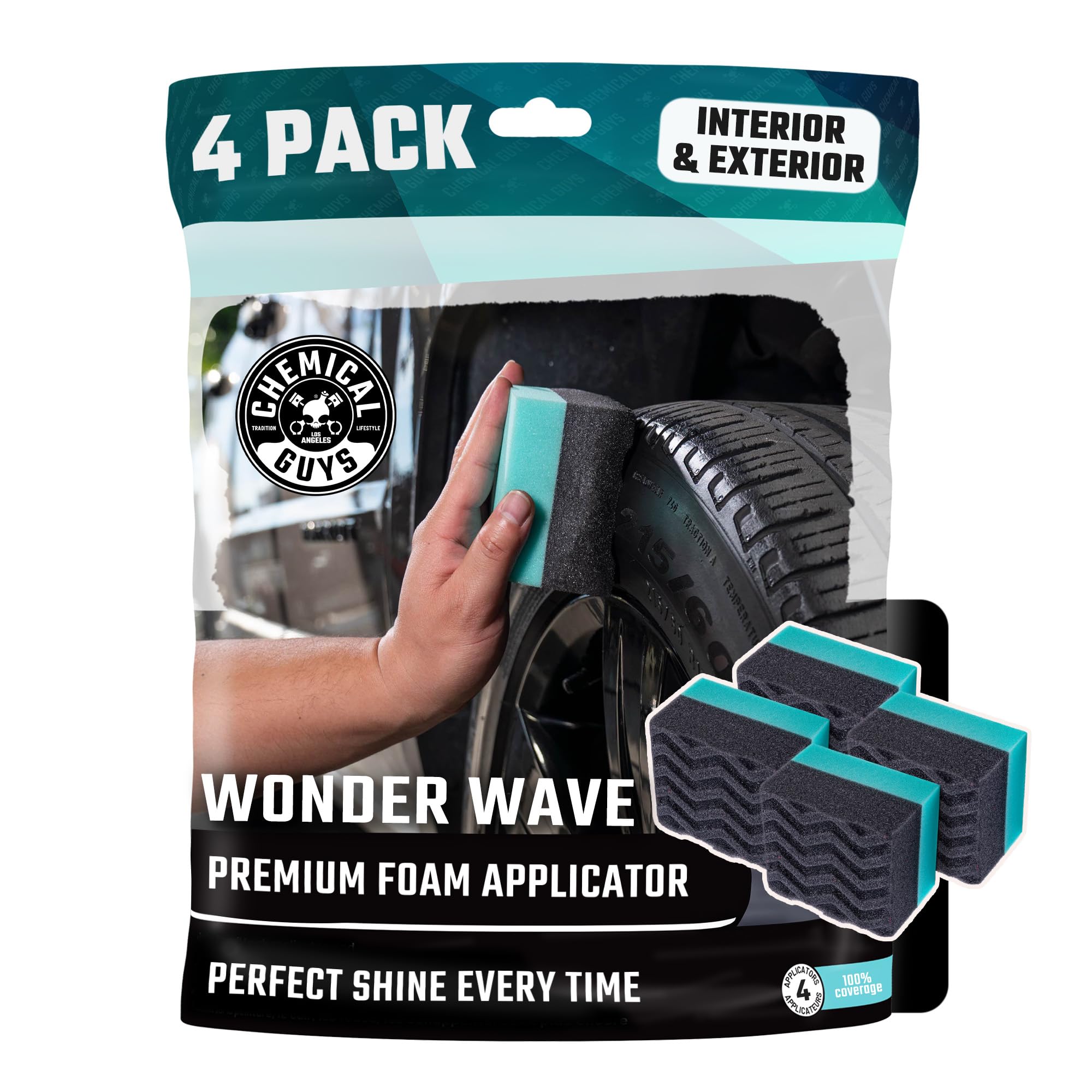 Chemical Guys Durafoam Contoured Large Tire Dressing Applicator with Wonder Wave Black/Green (4 Pack) - Acc_300_04