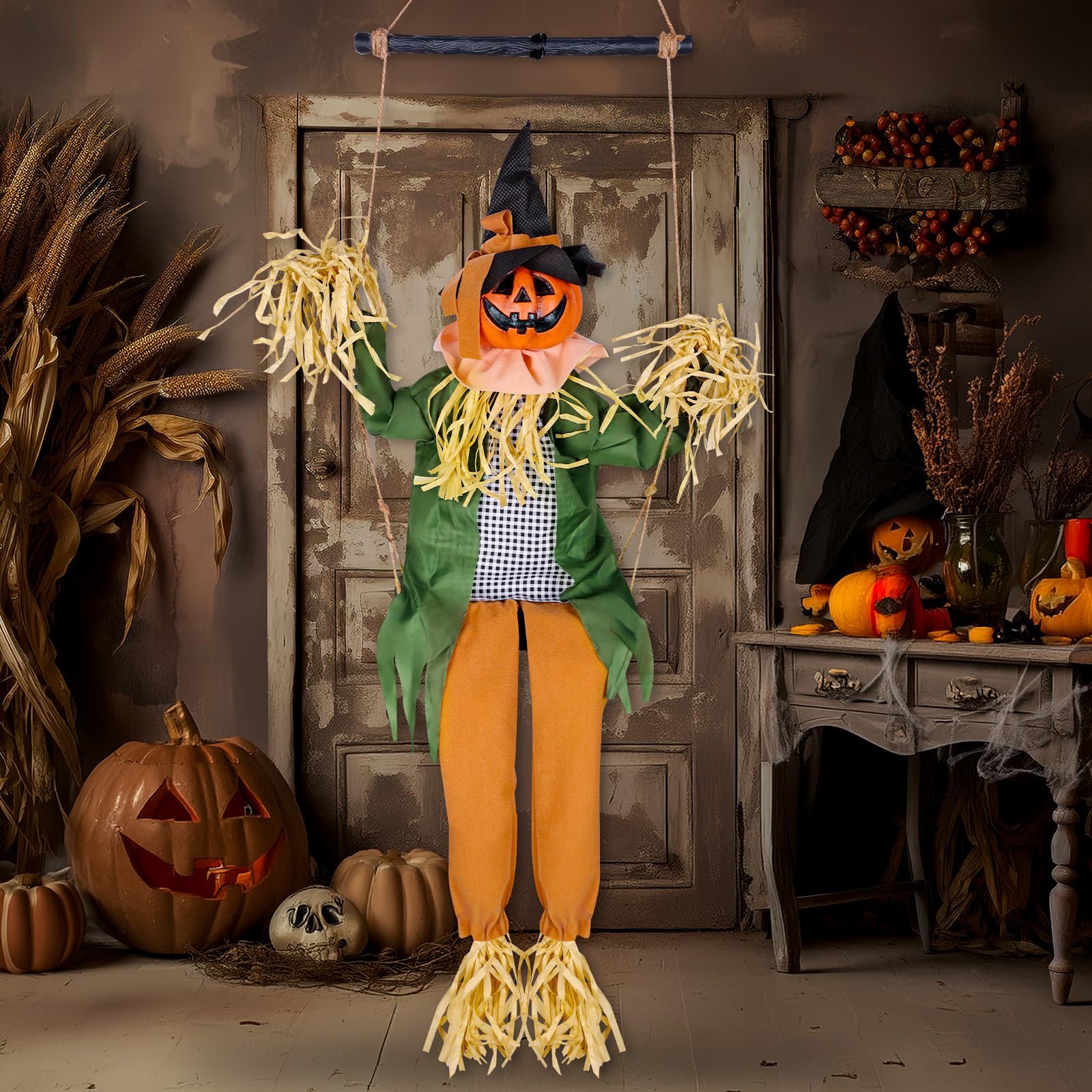 Thuodo 39Inch Halloween Pumpkin Swing Haunted House Prop Decor for Halloween Party Holiday Indoor Outdoor Garden Lawn Yard Decorations