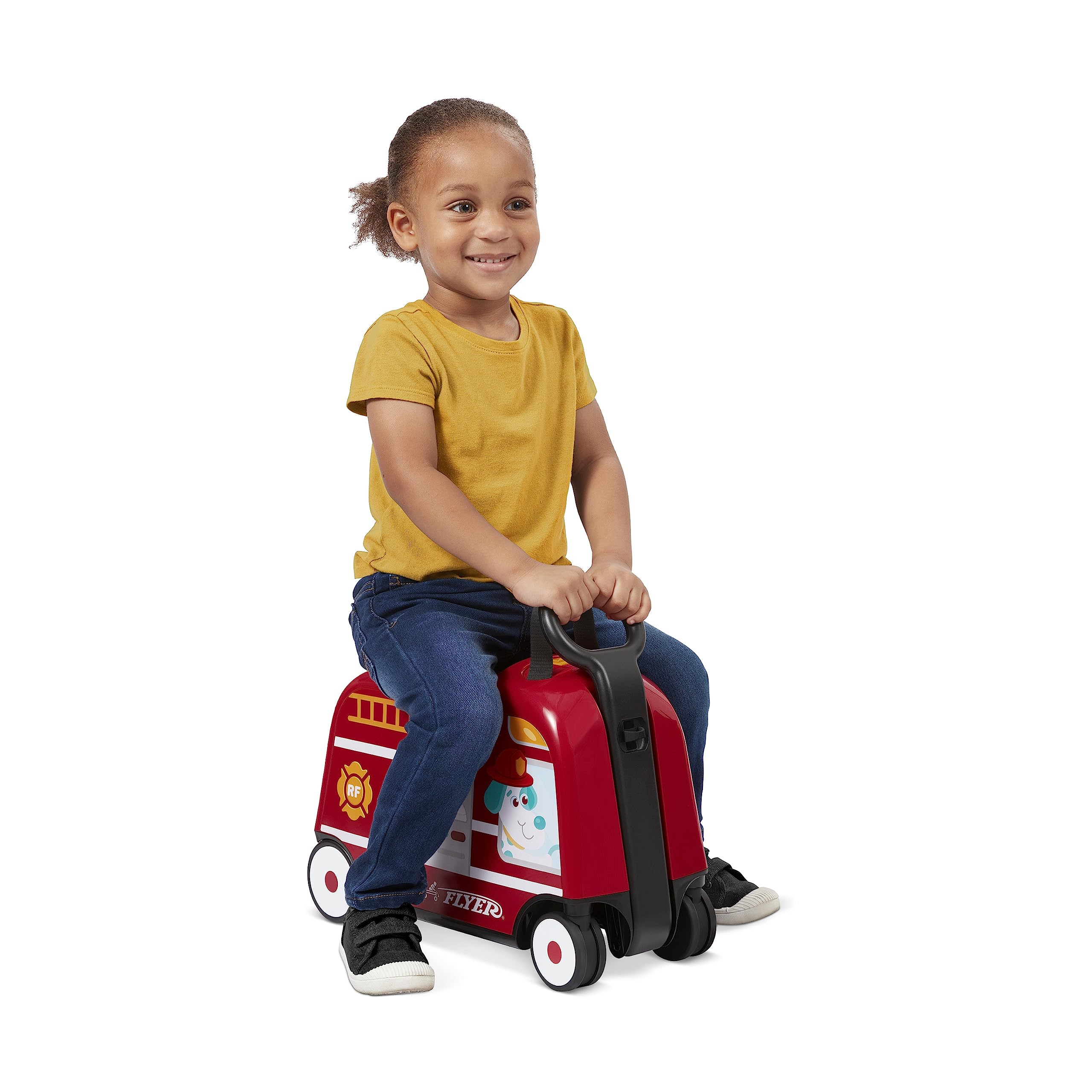 Radio Flyer 3-in-1 Happy Trav'ler Fire Truck with Lights & Sounds Ride on Toy, Toddler Carry-On Storage, Ages 2-5 Years