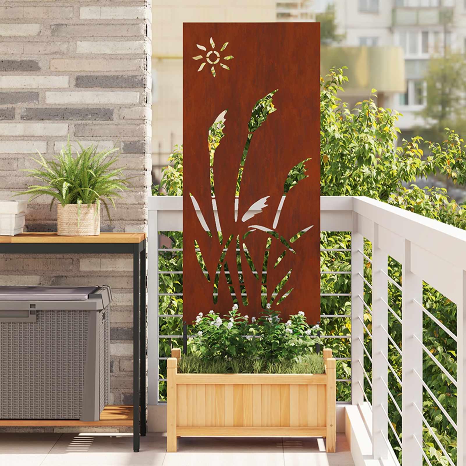 Tela frangivista giardino arrugginita, 50 x 140 cm, in acciaio resistente alle intemperie, con intarsi decorativi, resistente al vento, facile da fissare al pavimento, ideale per terrazza e