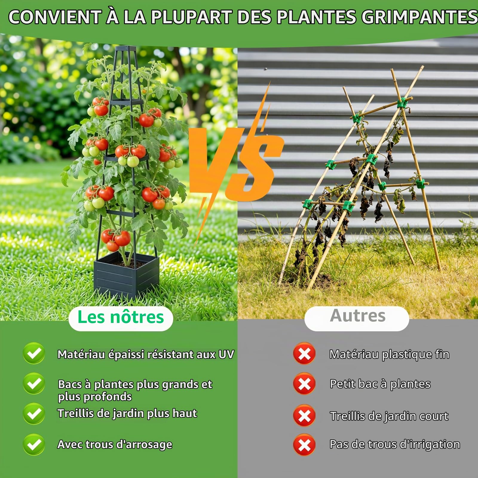 BRGD Lot de 2 Jardinière Surélevée avec Treillis, Arrosage Automatique Jardiniere Tomate pour Culture de Concombres, Haricots, Roses et Pétunias