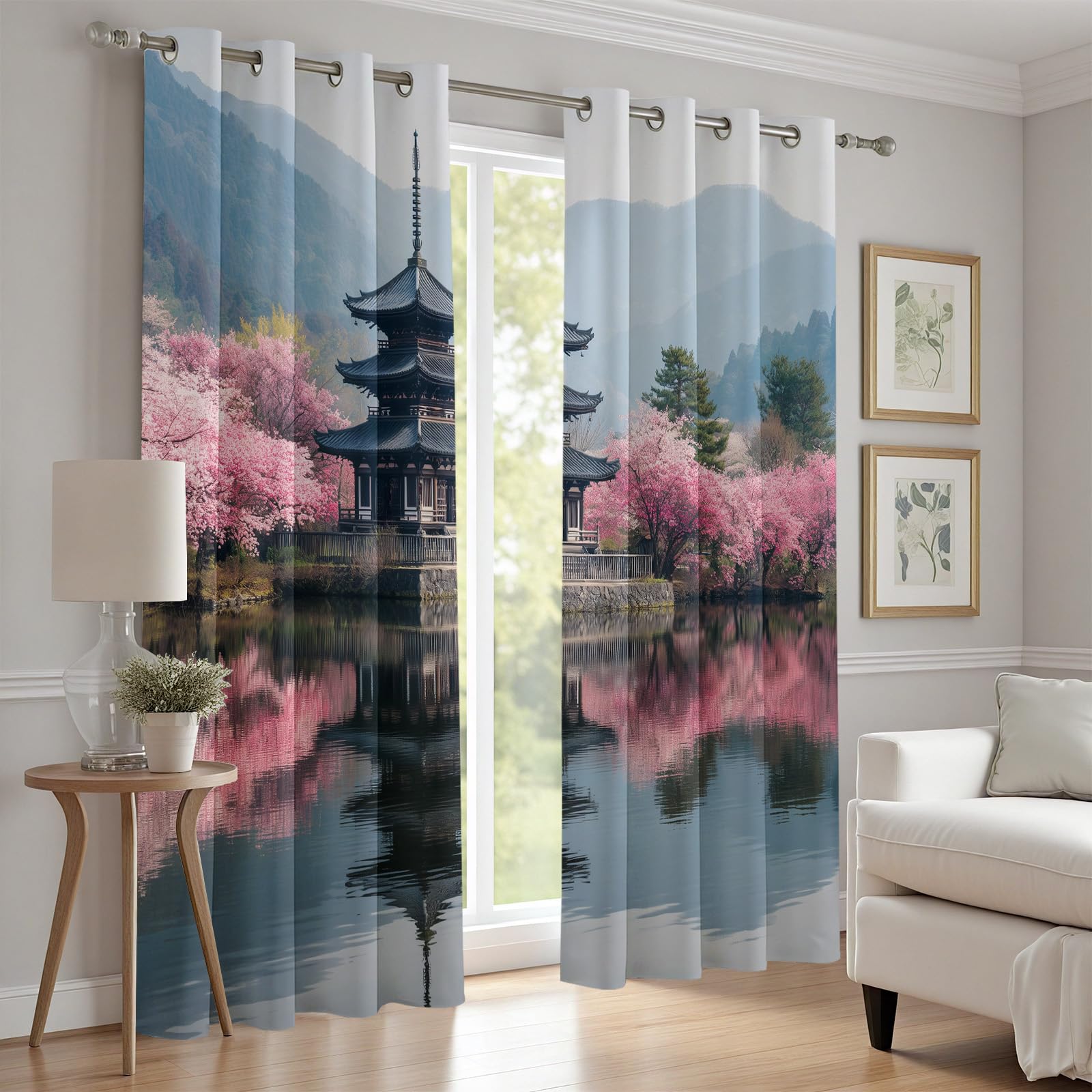 Orientalisch Pagode Verdunkelungsvorhange 2er Set, Asien Natur Landschaft Vorhänge Wohnzimmer 137x117 cm Berg Kirschblüte See Gardine Blickdicht Schallschutz Thermovorhang mit Ösen Fensterdekoration