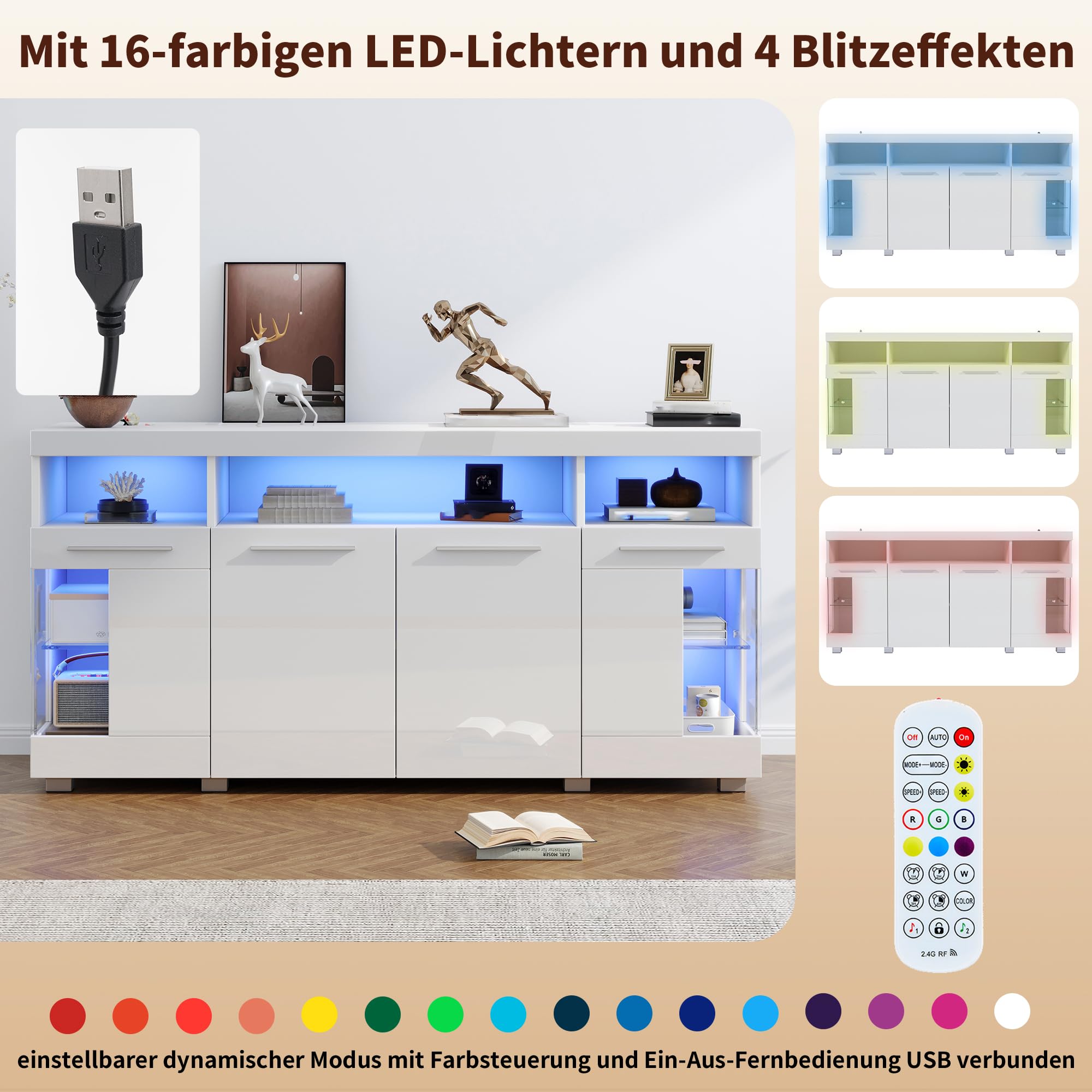 Credenza lucida con luce a LED tavolino con 3 scomparti 4 ante armadietto per sala da pranzo cucina soggiorno ufficio armadio con ampio spazio di archiviazione armadios bianco