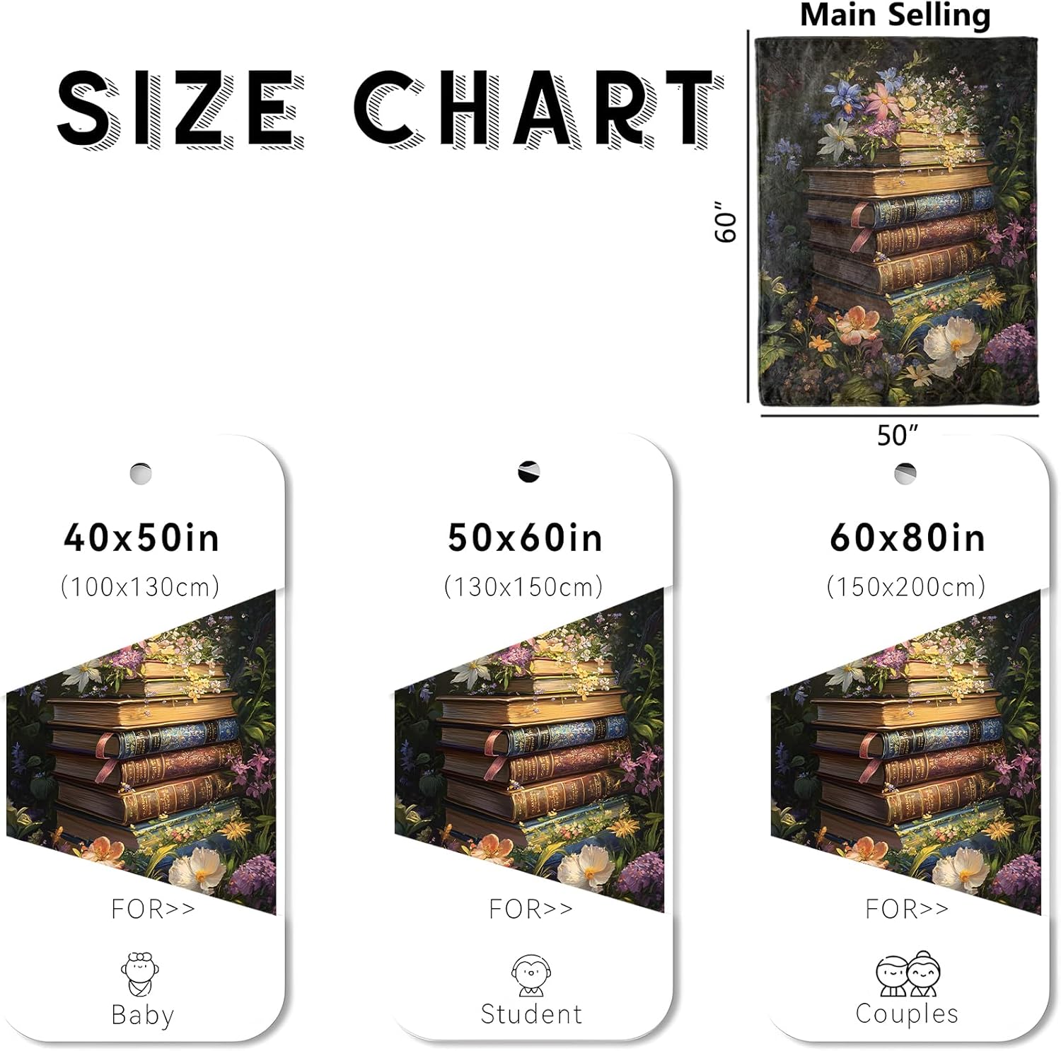 Vintage Book Blanket, Cozy Flannel Antique Books & Flowers Throw Blanket for Couch Outdoor, Plush Soft Lightweight Travel Blankets for Bed Decor and Gifts, for Adults Kids Women 50"x60" - Image 3