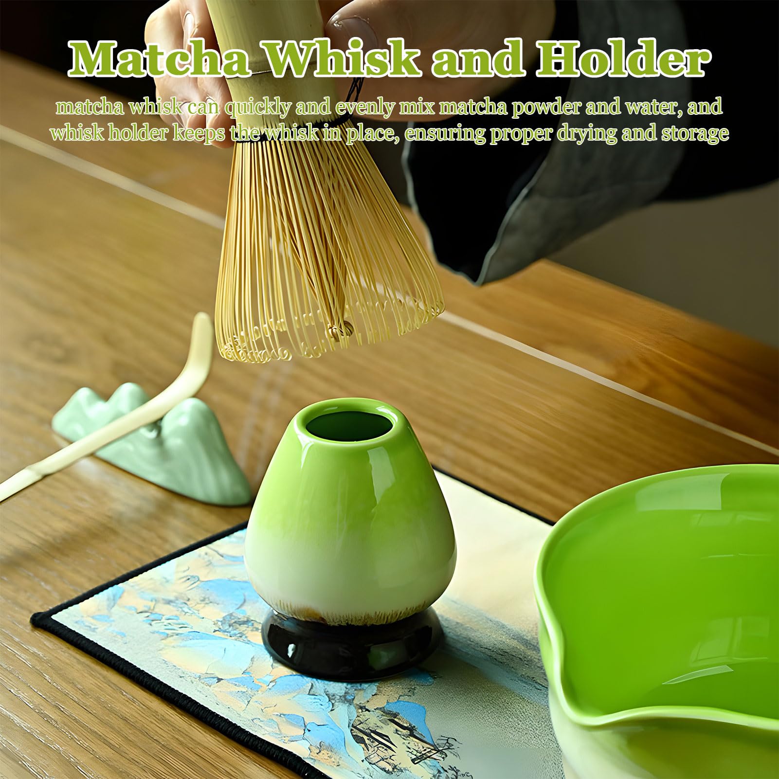 Juego de batidores Matcha de 5 piezas, cuenco Matcha con boquilla, batidor de bambú, soporte para batidor, cuchara para té, colador de polvo, para principiantes y amantes de la cultura del té