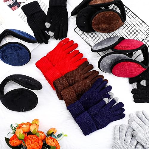 Miniatura 7 de Juego de 12 orejeras de forro polar unisex de invierno y guantes para pantalla táctil, orejeras plegables para invierno y exteriores, calentadores