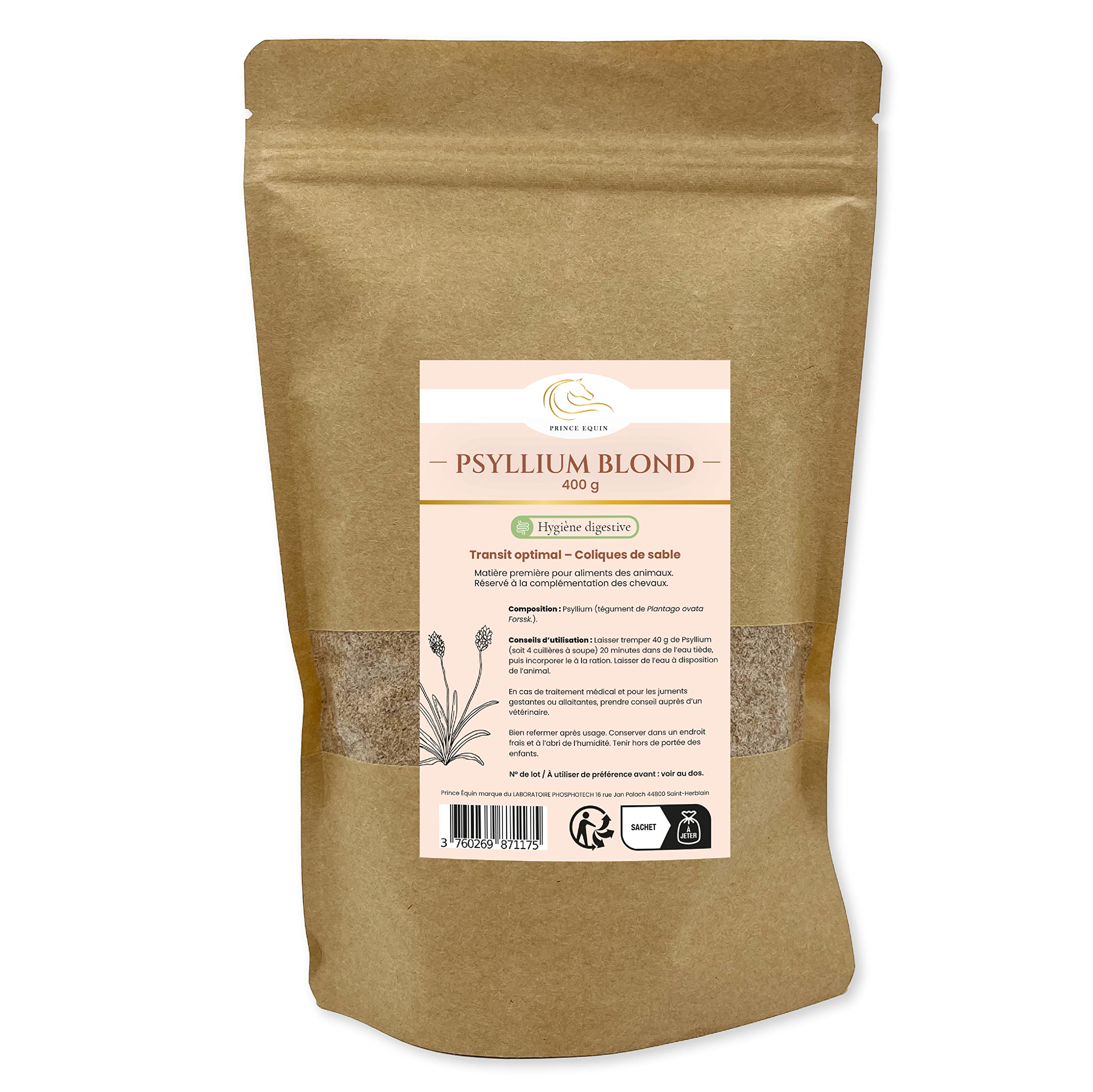 PSYLLIUM BLOND - Complément nutritionnel Cheval - Sachet 300 g - Apport en fibres - Aide à réguler le transit intestinal - Marque Française