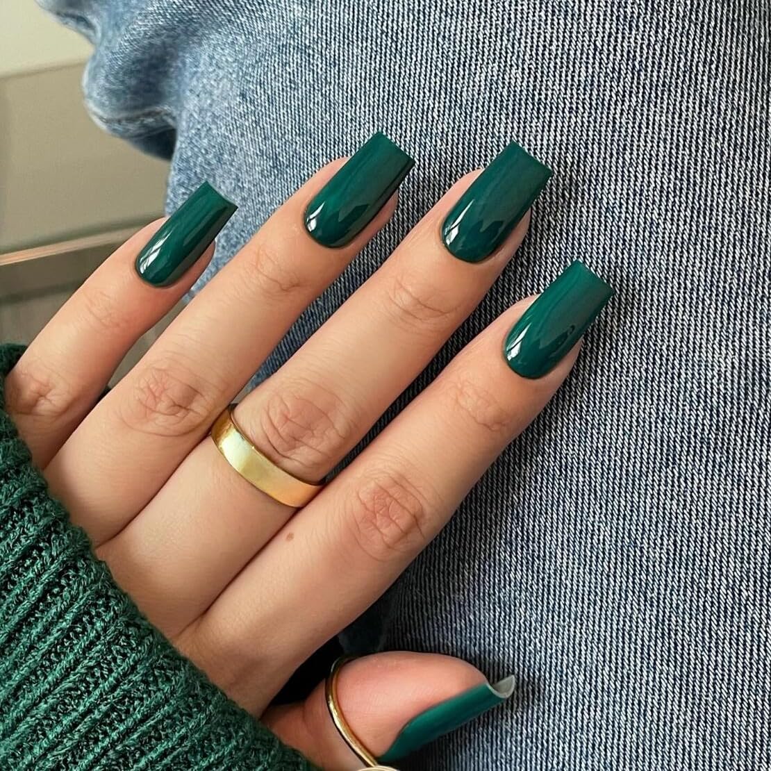 KQueenest Dark Green Press on Nails Long Medium Square, Forest Green Fake Nails Medium Coffin, Glossy Sheer Color Acrylic Nails Press ons, Reusable