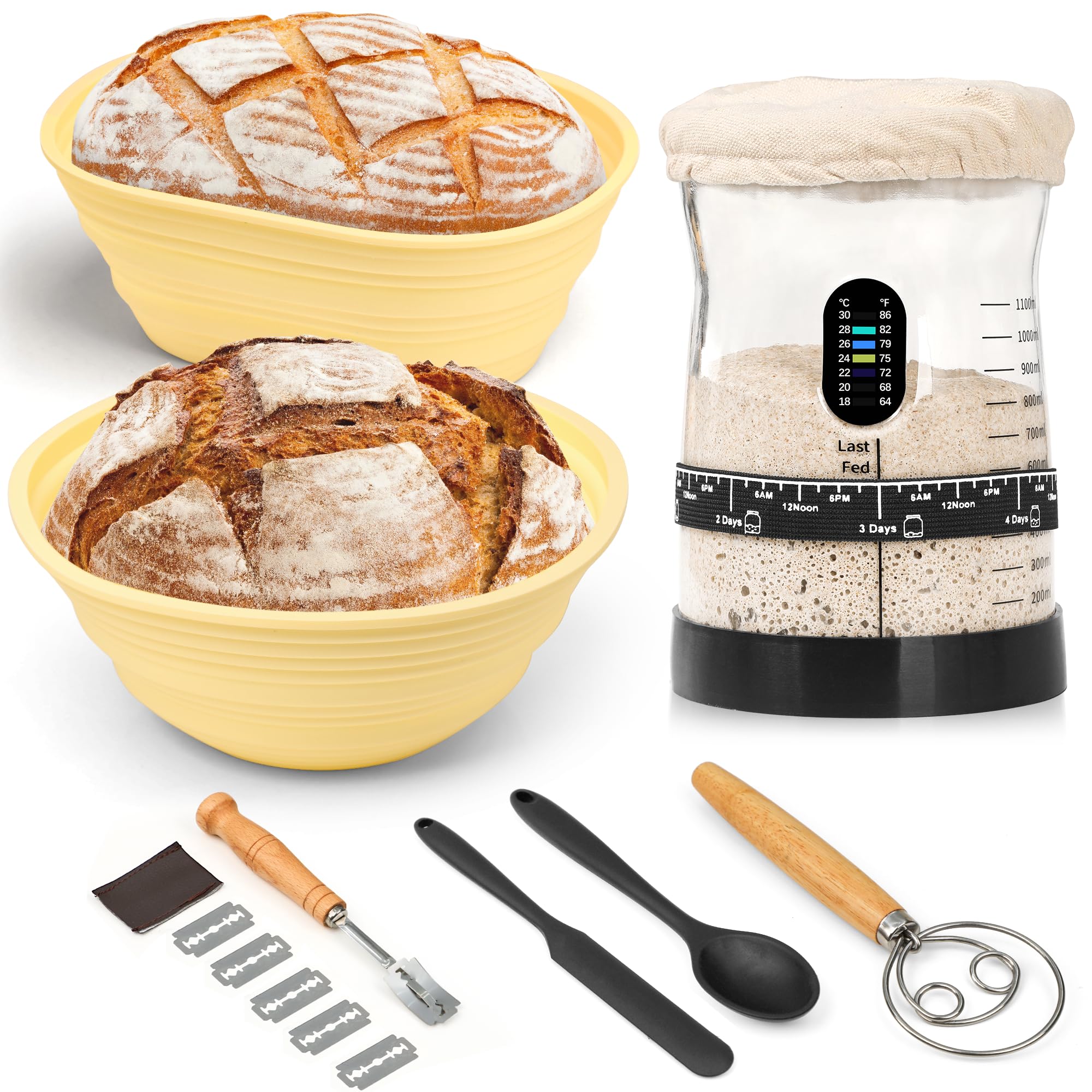 Kit de iniciación de masa madre para hornear pan de masa madre con cesta de prueba de pan Banneton, tarro de inicio de masa madre de 50 onzas, regalos para panaderos