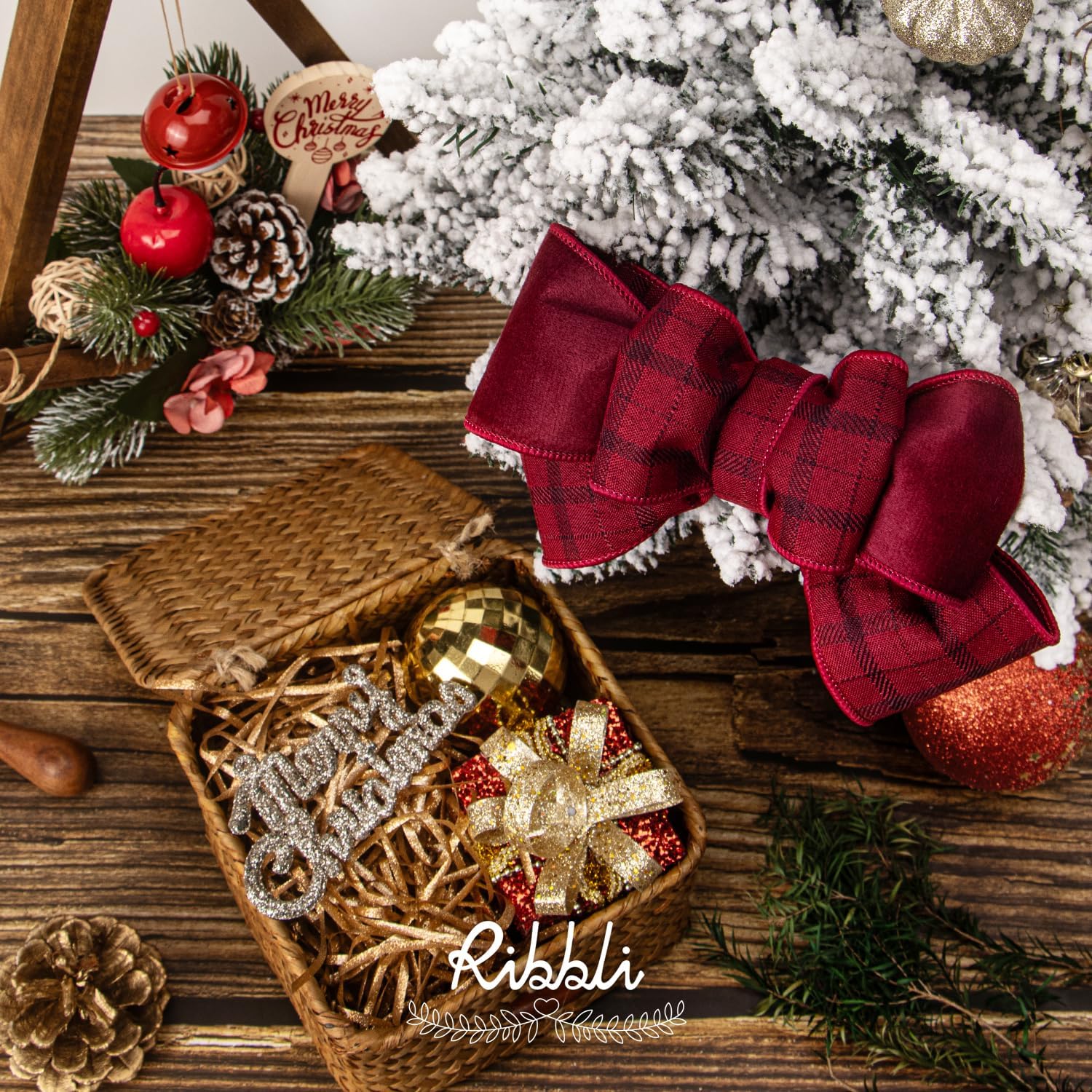Ribbli Dark Red Velvet Wired Ribbon with Plaid 2.5 Inch Reversible Christmas Ribbon for Gift Wrapping Christmas Tree Decoration Crafts Wreaths Supplies-Continuous 10 Yards