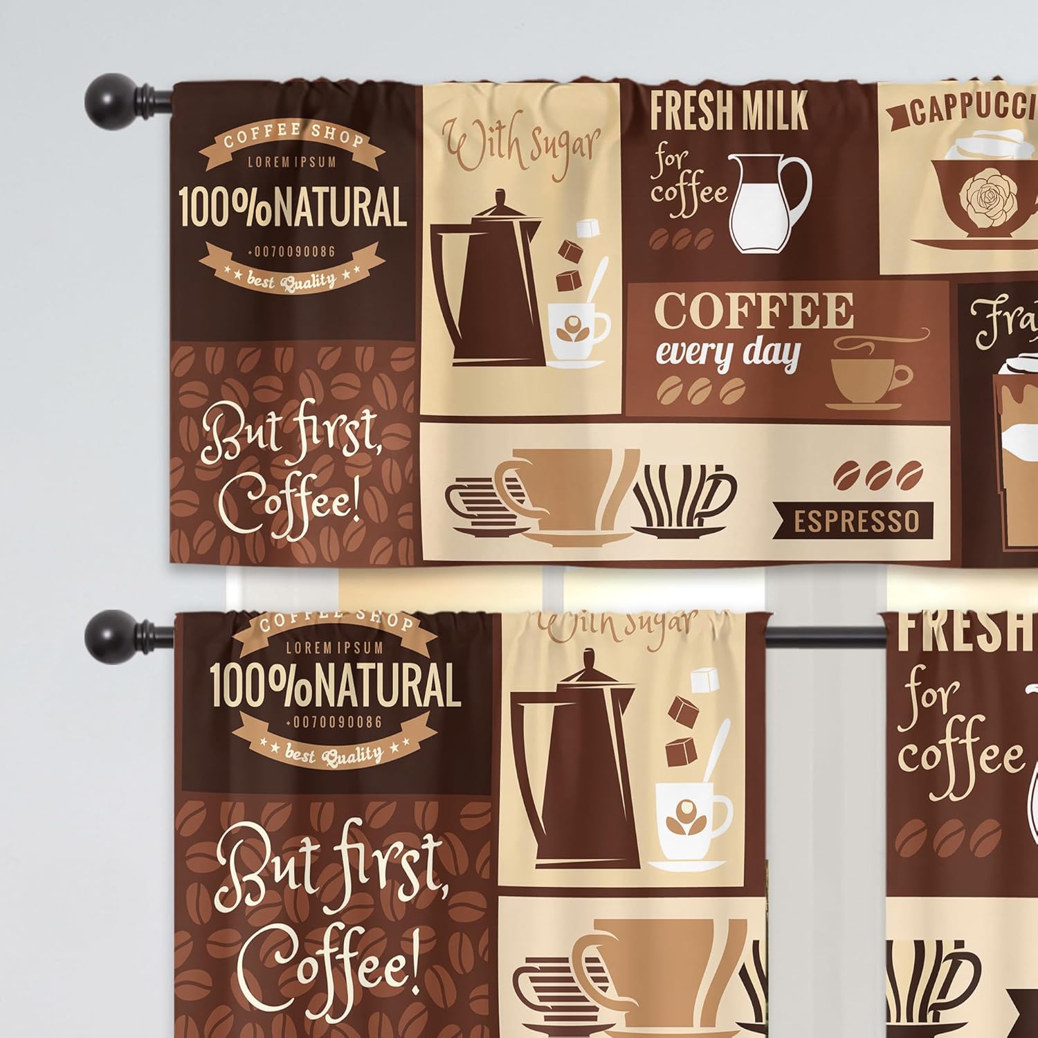 Cinbloo Brown Coffee Kitchen Curtains and Valance 3 Piece Set Rod Pocket Rustic Vintage Latte Cappuccino Cafe Theme Curtains Farmhouse Cafe Beans Drink Decor Modern Window Drapes Fabric