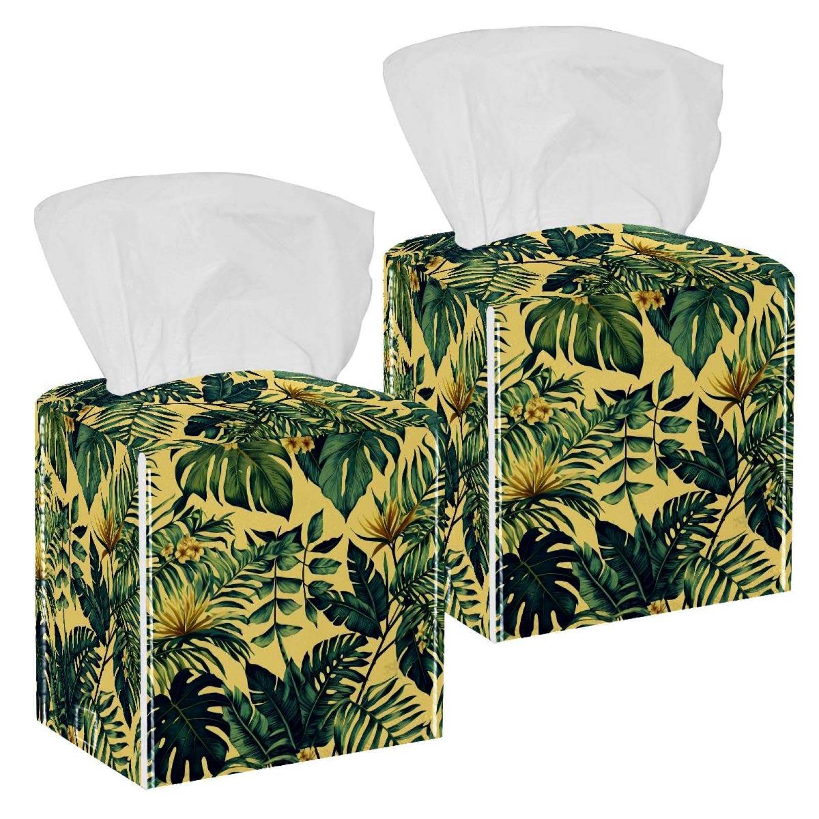 Aesthetic Leaves Tissue Box Cover, 2 Pack PU Leather Square Facial Tissue Dispenser Box holder for Home Office Car