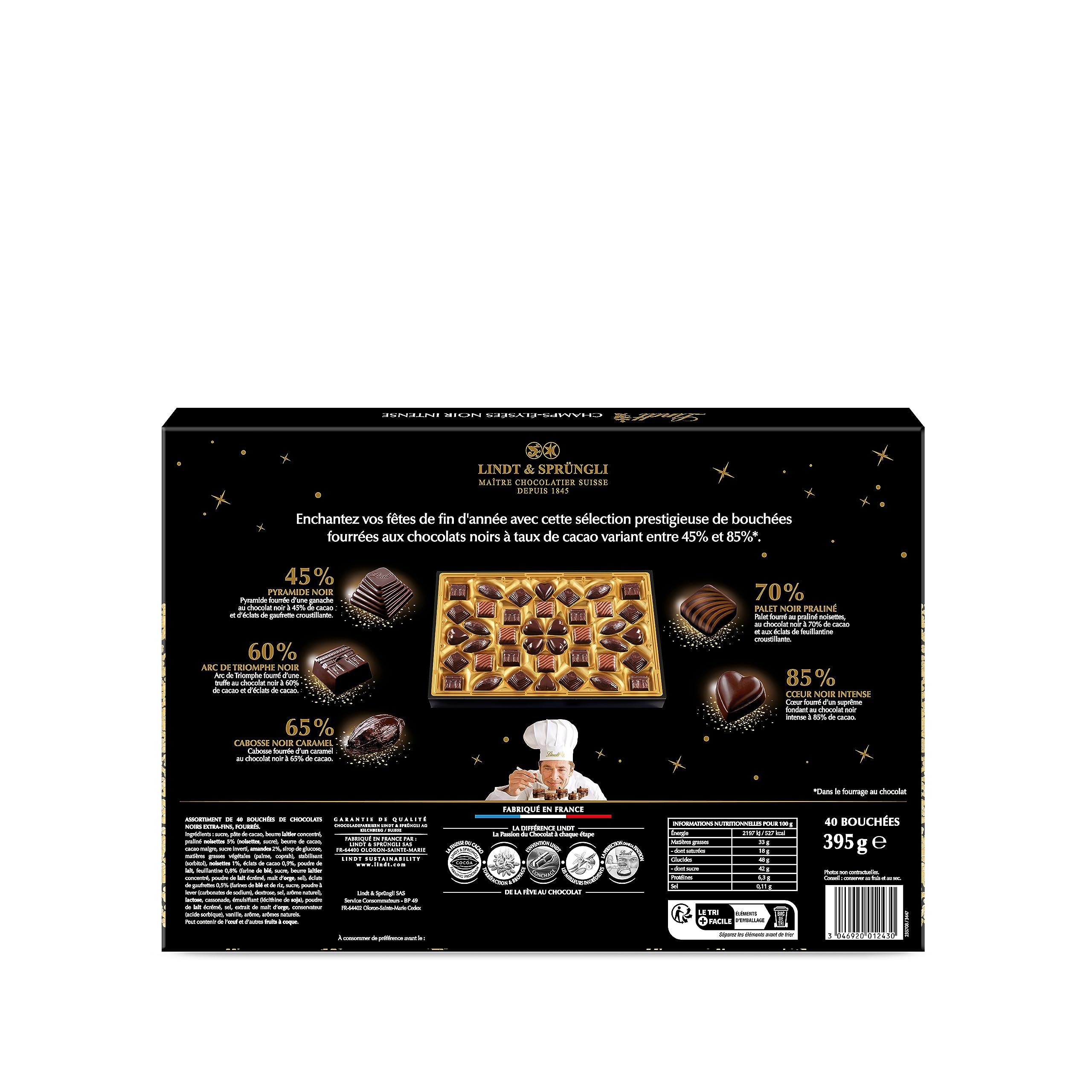 Lindt Champs Élysées Bombones Surtidos de Chocolate Negro, chocolate tradicional Suizo, bombones de chocolate negro de distintas intensidades y cremoso, 395g (Paquete de 2)