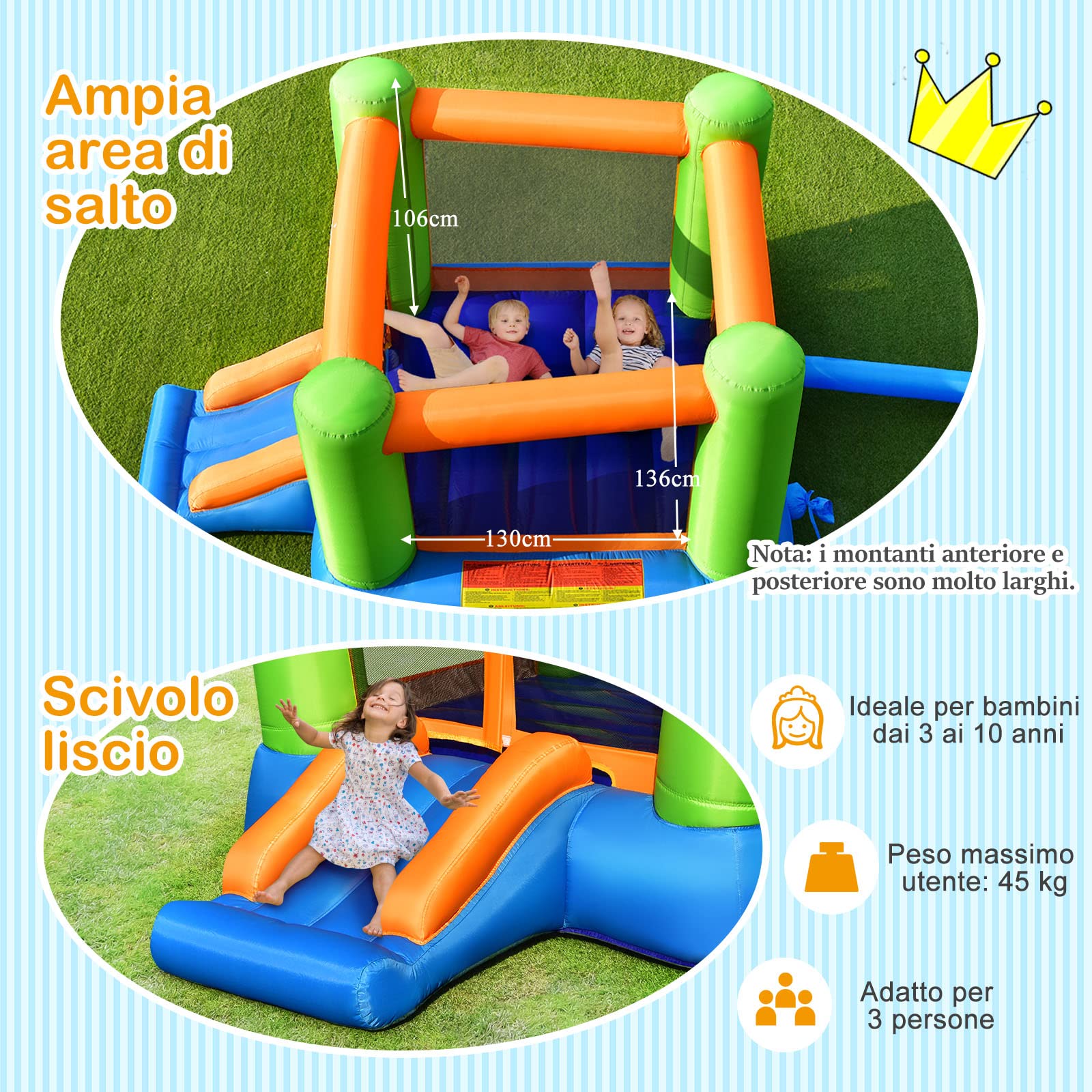 GYMAX Castello Gonfiabile, con Trampolino, Scivolo e Rete di Protezione, Aspetto Carino per Bambini da 3 a 10 Anni, Adatto a Interni ed Esterni