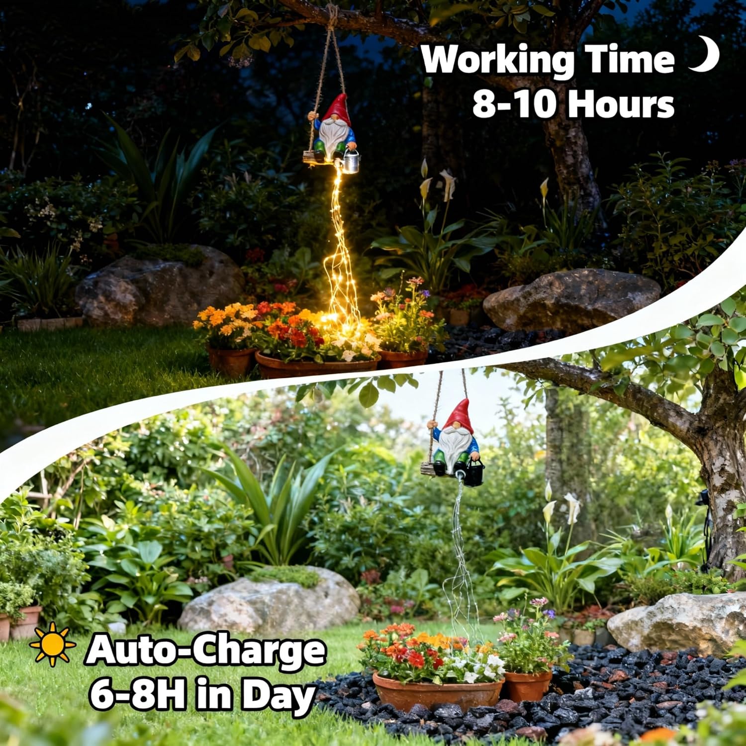 Watering Can Solar Lights Garden Gnomes Hanging Statues, Swing Gnome Cascading LED Decorations for Outside Backyard Yard Patio Tree Wall, Hoswarming Birthday Gifts for Woman Mom Grandma - Image 2