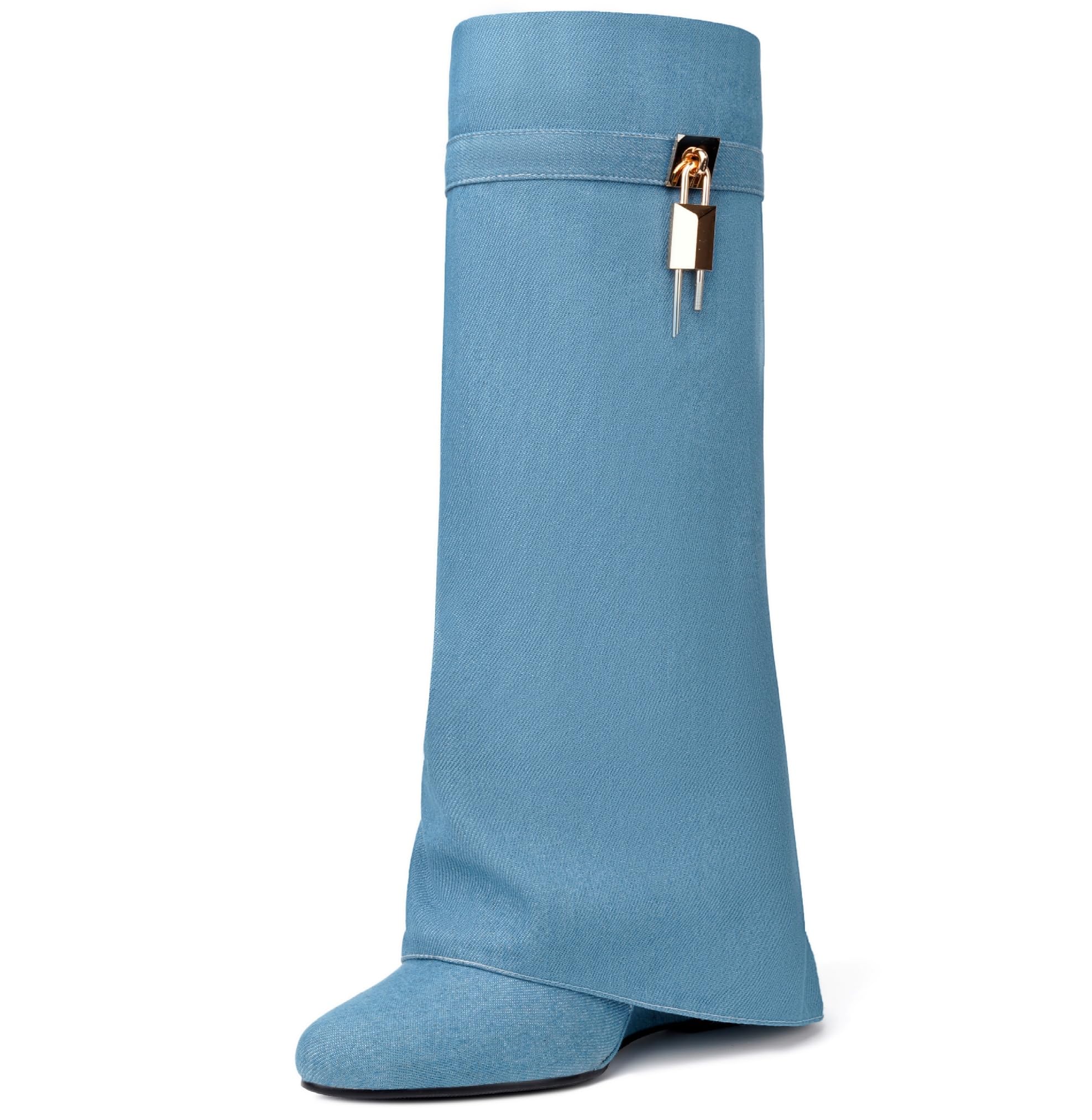 Women's Fold Over Knee High Shark Boots Wedge Heel Side Zipper