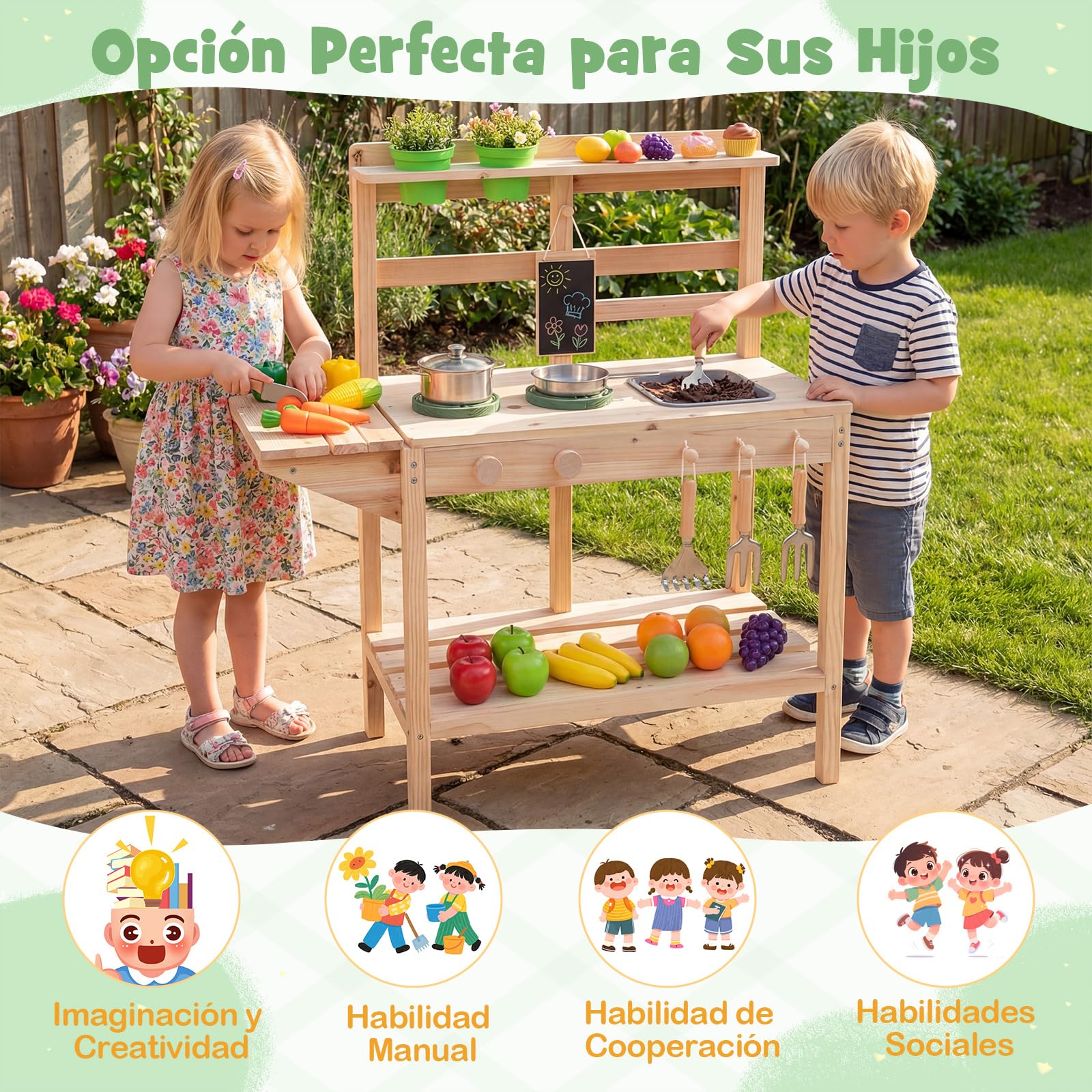 COSTWAY Cocina de Barro para Niños, Cocinita de Madera para Exterior con Fogones, Pomos Giratorios y Pizarra, Macetas, Estantes de Almacenaje, Cocinita Infantil de Barro para Niños de 3+ Años