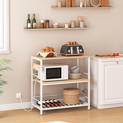 Miniatura 2 de HOOBRO Isla de cocina con almacenamiento, mesa de isla de cocina con toma de corriente, estación de café de 3 niveles y soporte para microondas,