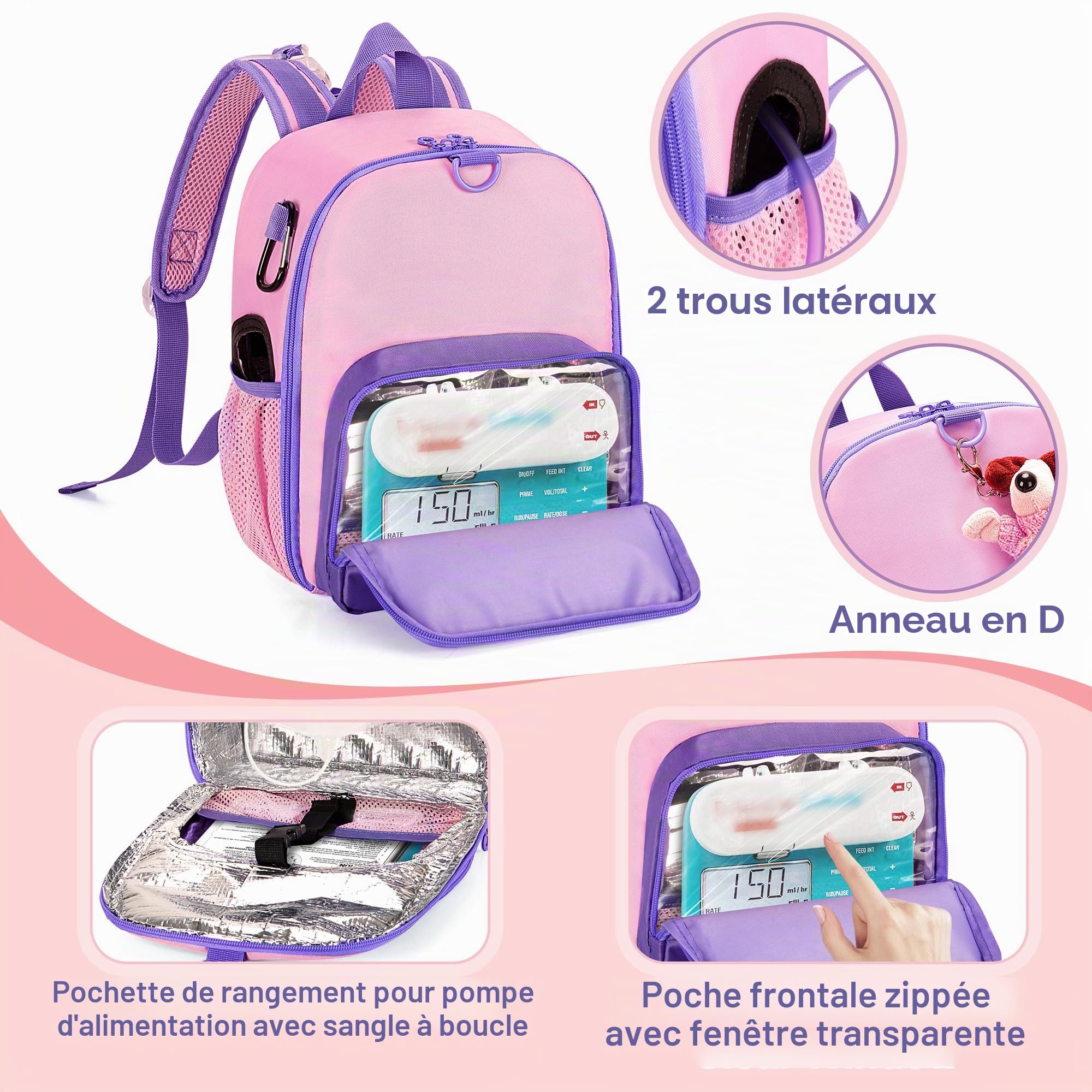 CURMIO Sac à dos de tube d'alimentation pour tube d'alimentation G Tube J Tube GJ Tube, Sac pour pompe d'alimentation entérale, Rose (sac uniquement)