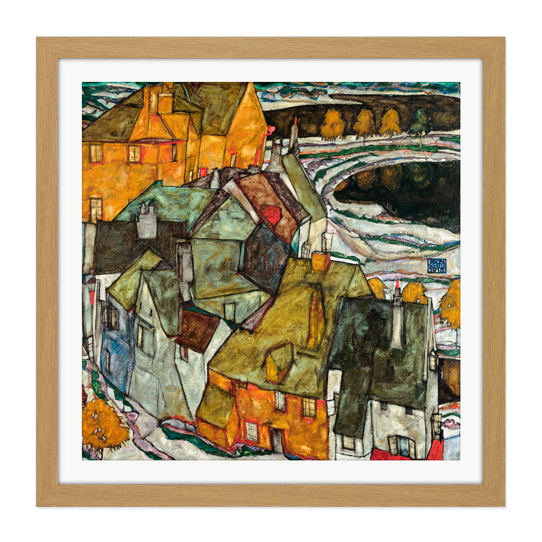 Egon Schiele Crescent Of Houses II Island Town Cropped Square Wooden Framed Wall Art Print Picture 16X16 Inch