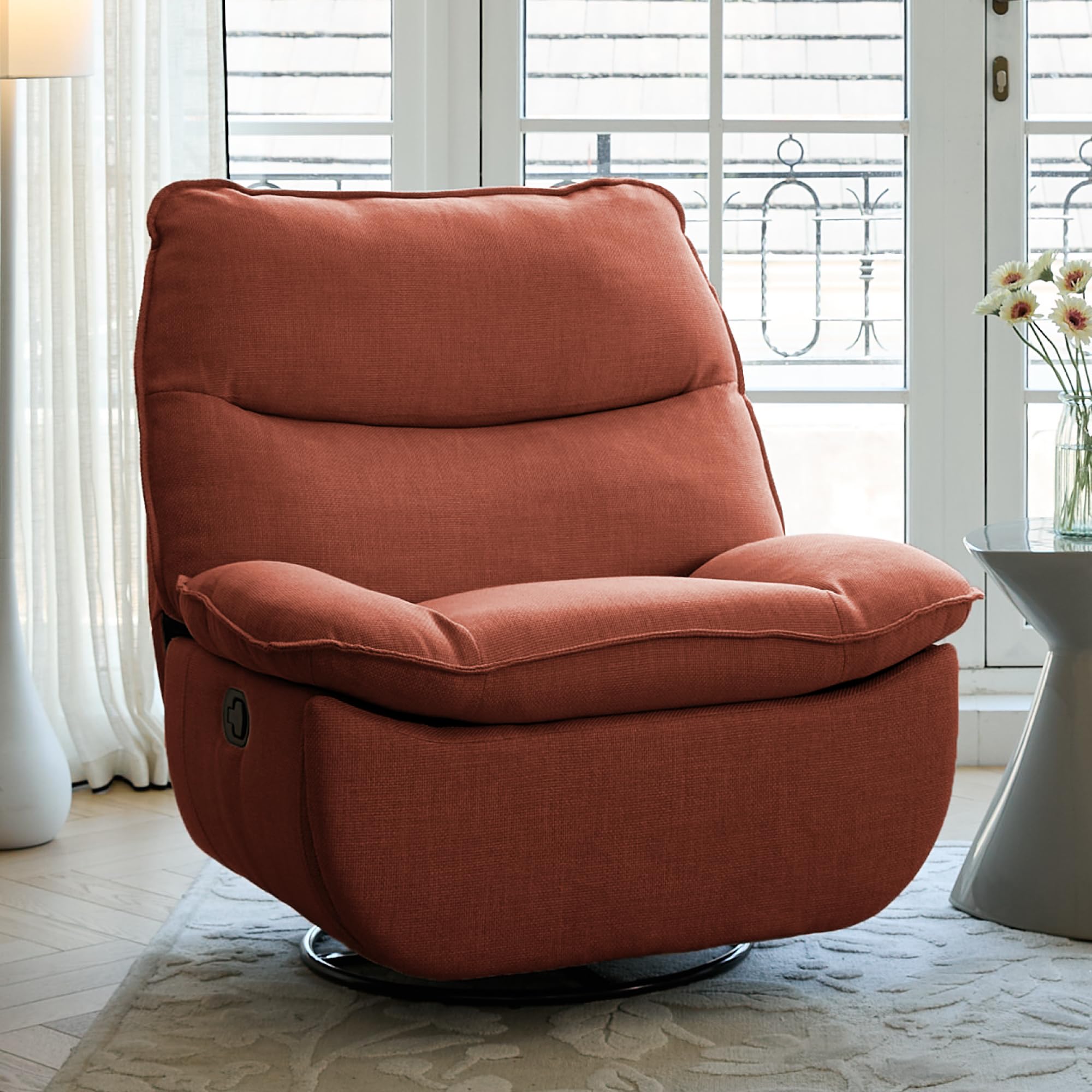 FLEXISPOT XRC7 Swivel Rocker Recliner Chair for Adults, Oversized 360° Swivel Recliner Chair, Certified Linen, Award-Winning Design, Side Pocket, Gaming Sofa for Living Room Bedroom Nursery, Orange