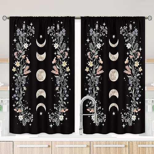 Cortinas de cocina de fases lunares  Boho Witchy Black Floral Tratamiento de ventana corta para dormitorio, primavera estética de flores silvestres,