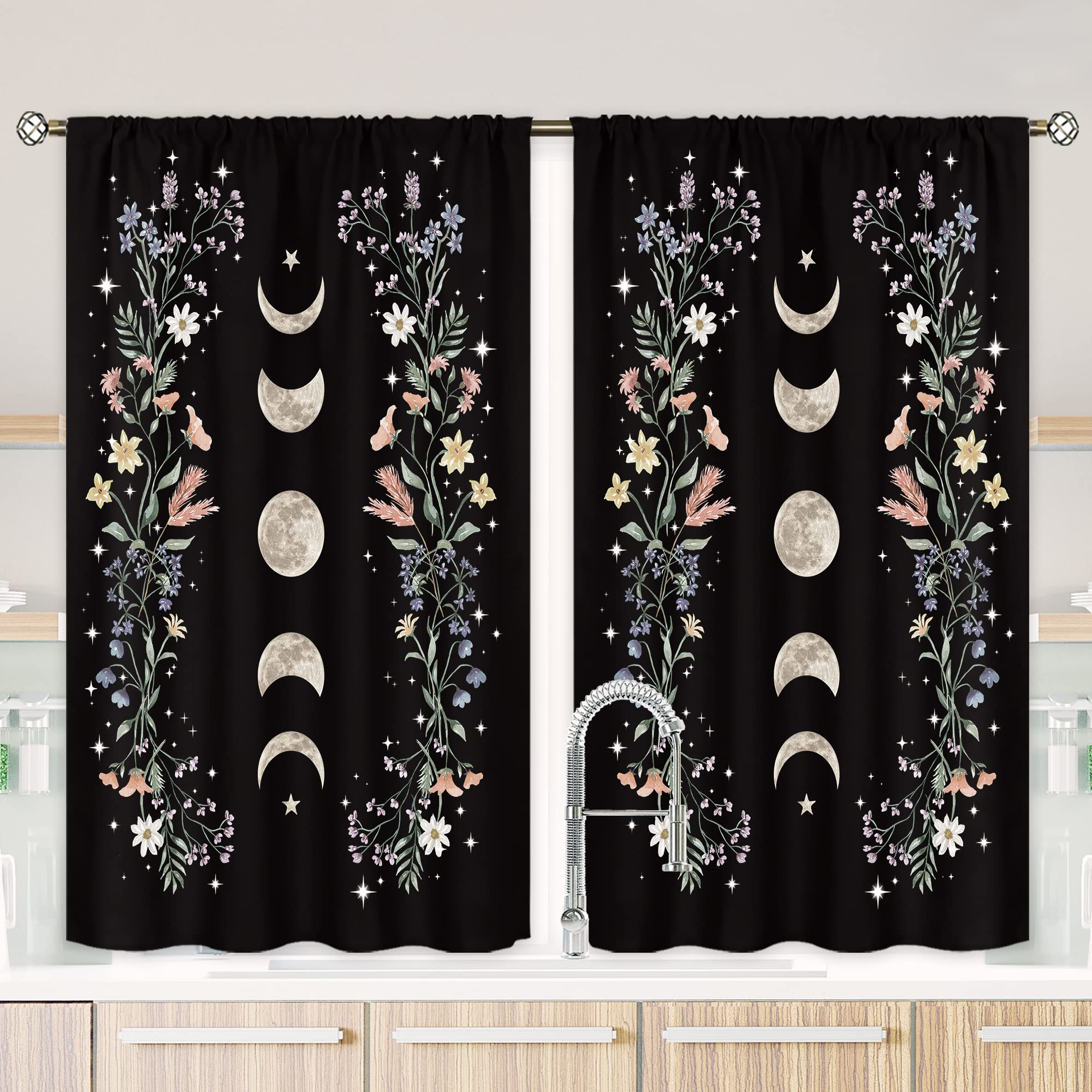 Mitpok Moon Phase Kitchen Curtains,Boho Witchy Black Floral Small Short Curtains for Bedroom, Wildflower Flower Aesthetic Spring Kitchen Window Curtains,27.5Wx39H Inch Rod Pocket Window Treatment