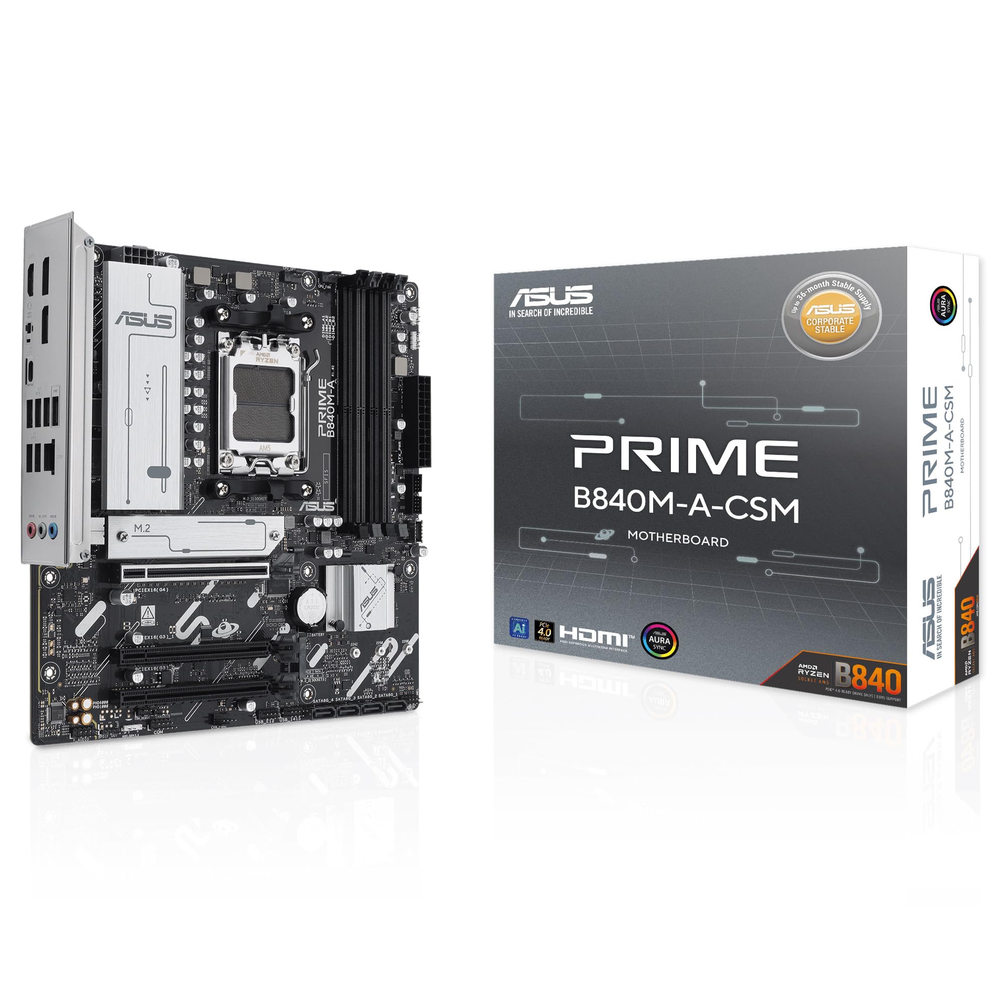 ASUS Prime B840M-A-CSM - Placa Base AMD B840 mATX, DDR5, PCIe 4.0, Tres Ranuras M.2, Realtek 2.5Gb Ethernet, DisplayPort, HDMI, USB Tipo-C a 5Gbps, BIOS Flashback, Aura Sync